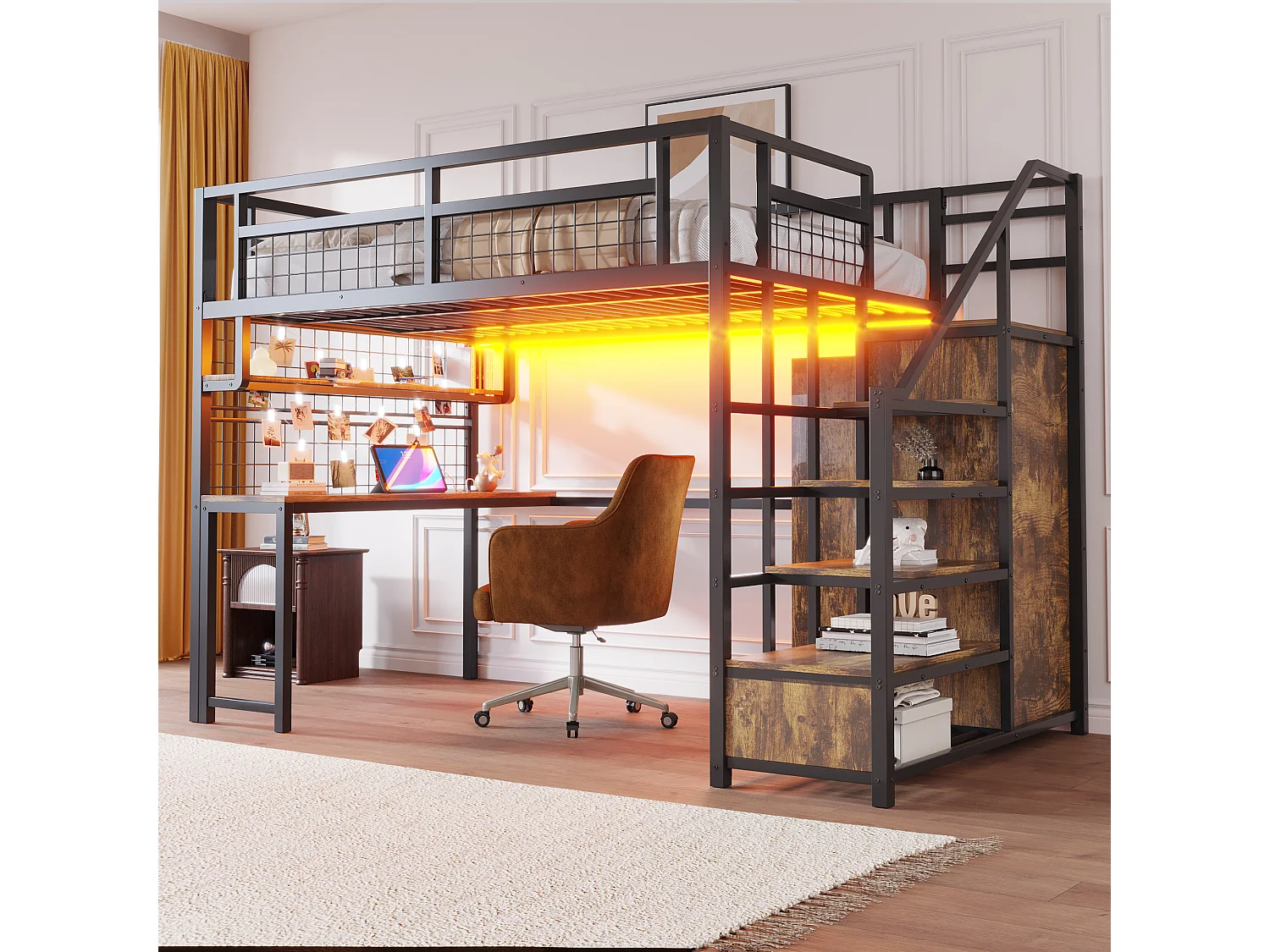 Lit mezzanine en métal pour enfant - 140 x 200 cm - avec échelle de rangement + penderie + étagère + table + Leds - noir