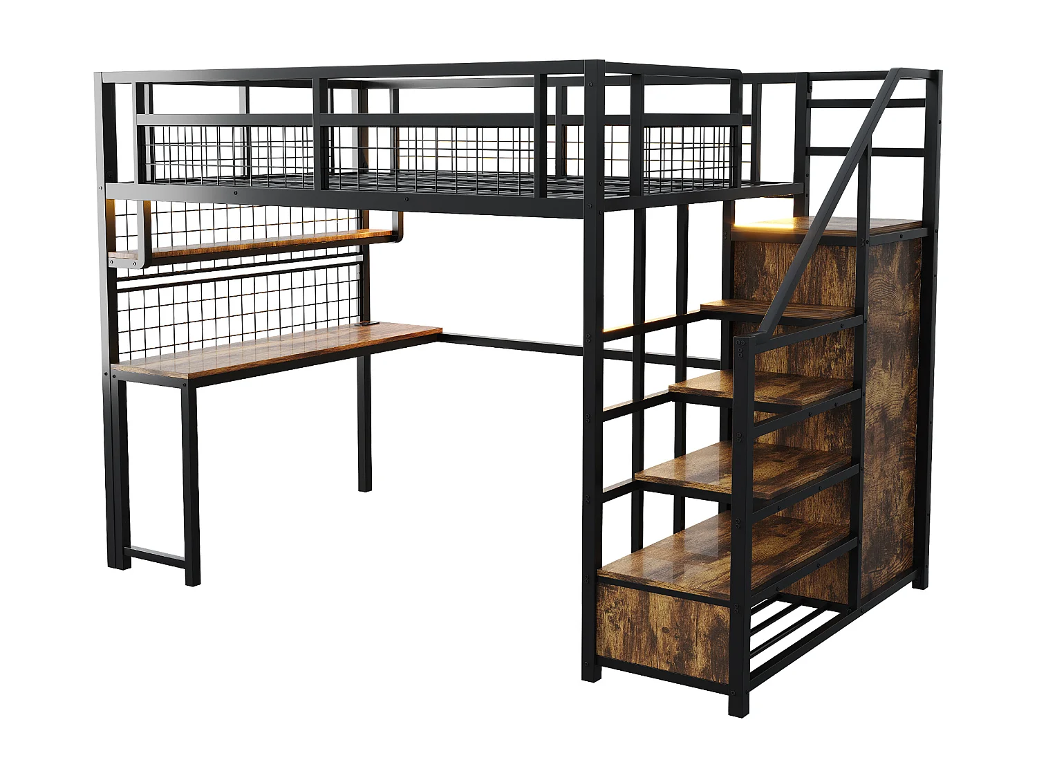 Lit mezzanine en métal pour enfant - 140 x 200 cm - avec échelle de rangement + penderie + étagère + table + Leds - noir