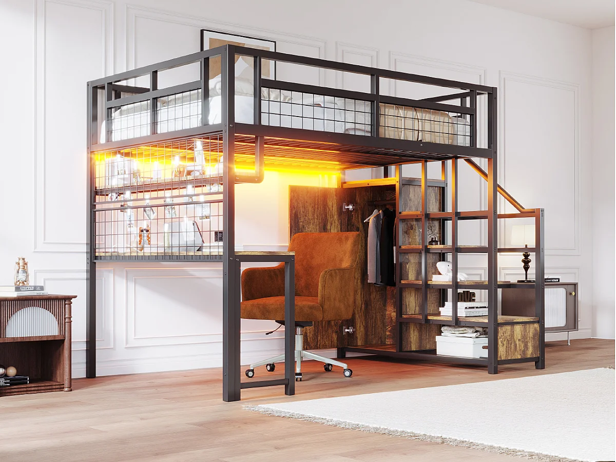 Lit mezzanine en métal pour enfant - 140 x 200 cm - avec échelle de rangement + penderie + étagère + table + Leds - noir