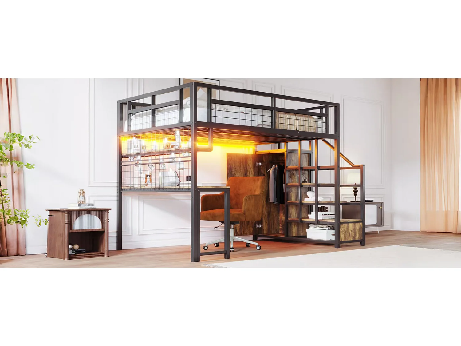 Lit mezzanine en métal pour enfant - 140 x 200 cm - avec échelle de rangement + penderie + étagère + table + Leds - noir