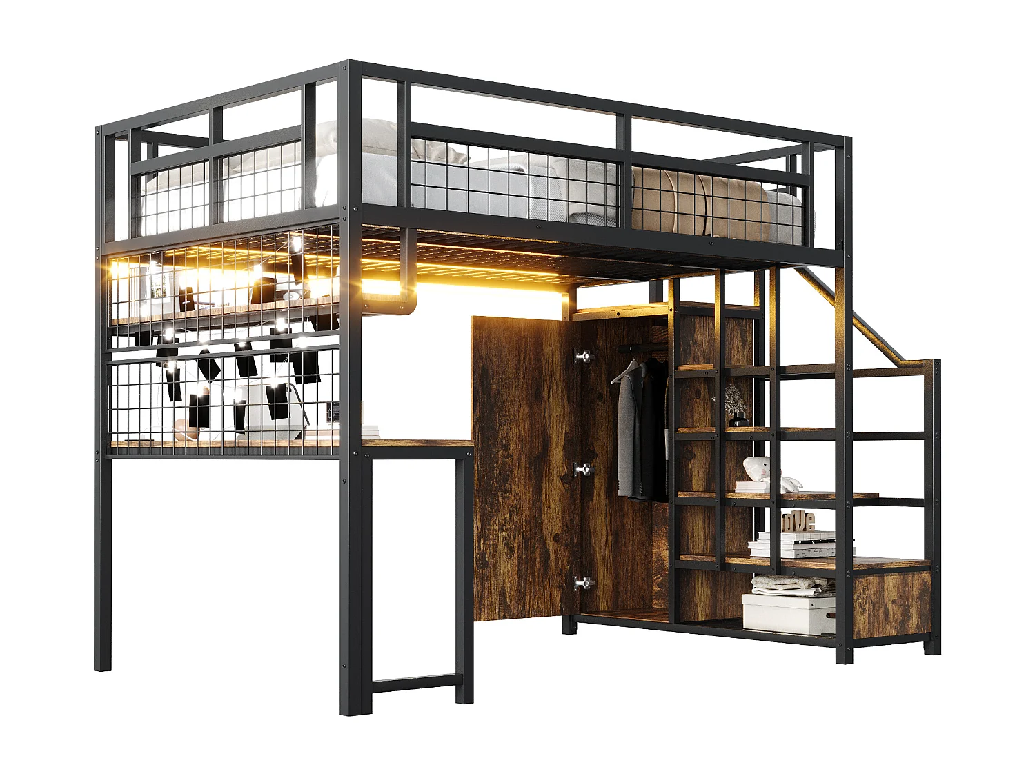 Lit mezzanine en métal pour enfant - 140 x 200 cm - avec échelle de rangement + penderie + étagère + table + Leds - noir