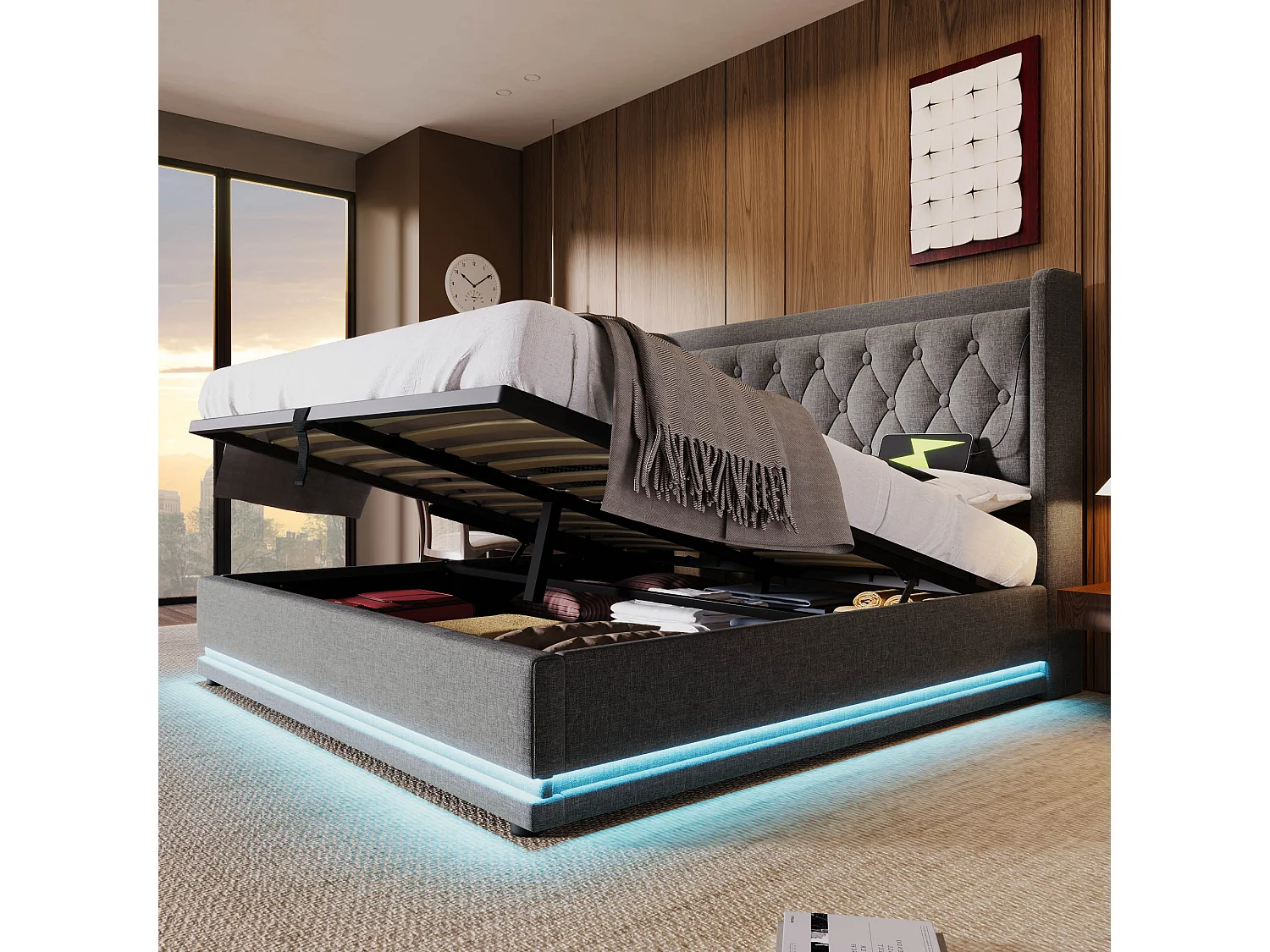 Lit coffre double capitonné - 180 x 200 cm - avec tête de lit + USB + Leds + rangement hydraulique - Coton - gris