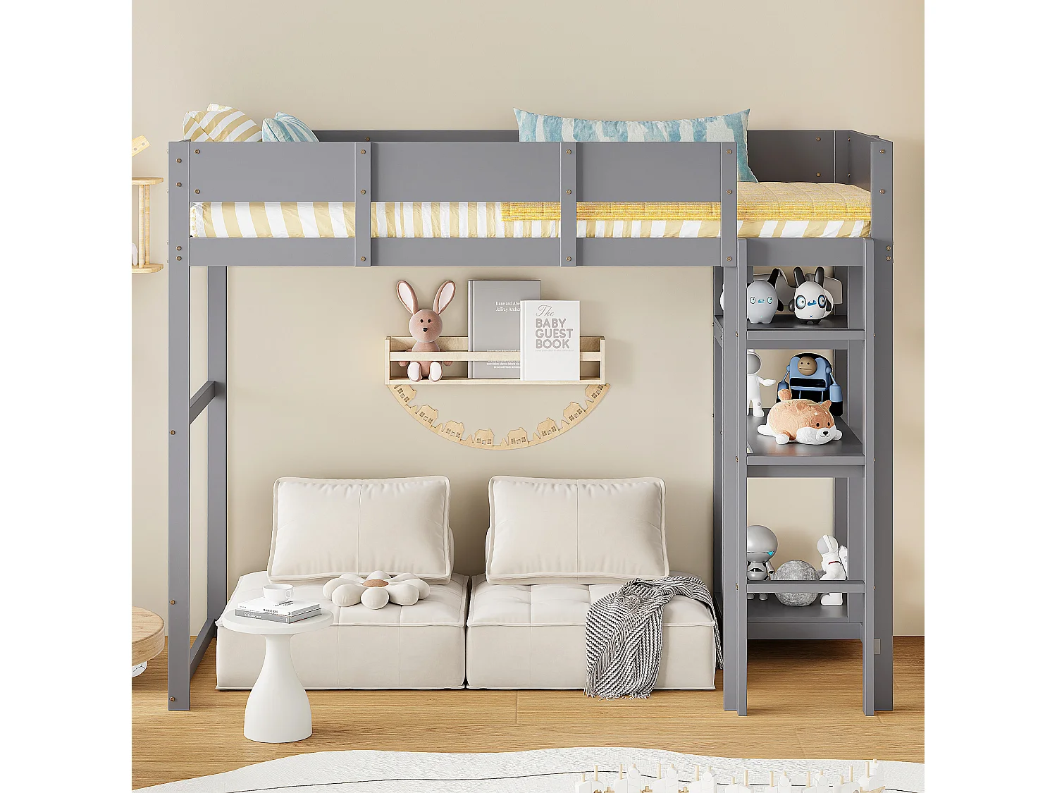 Hochbett für Kinder – 90 x 200 cm – mit Ablagefach – Holz + MDF – grau