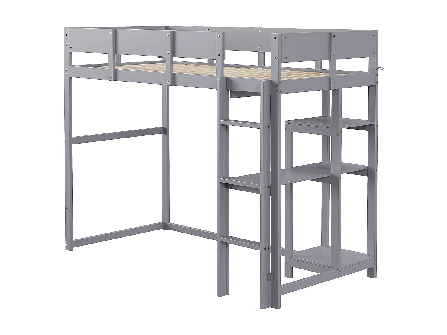 Hochbett für Kinder – 90 x 200 cm – mit Ablagefach – Holz + MDF – grau