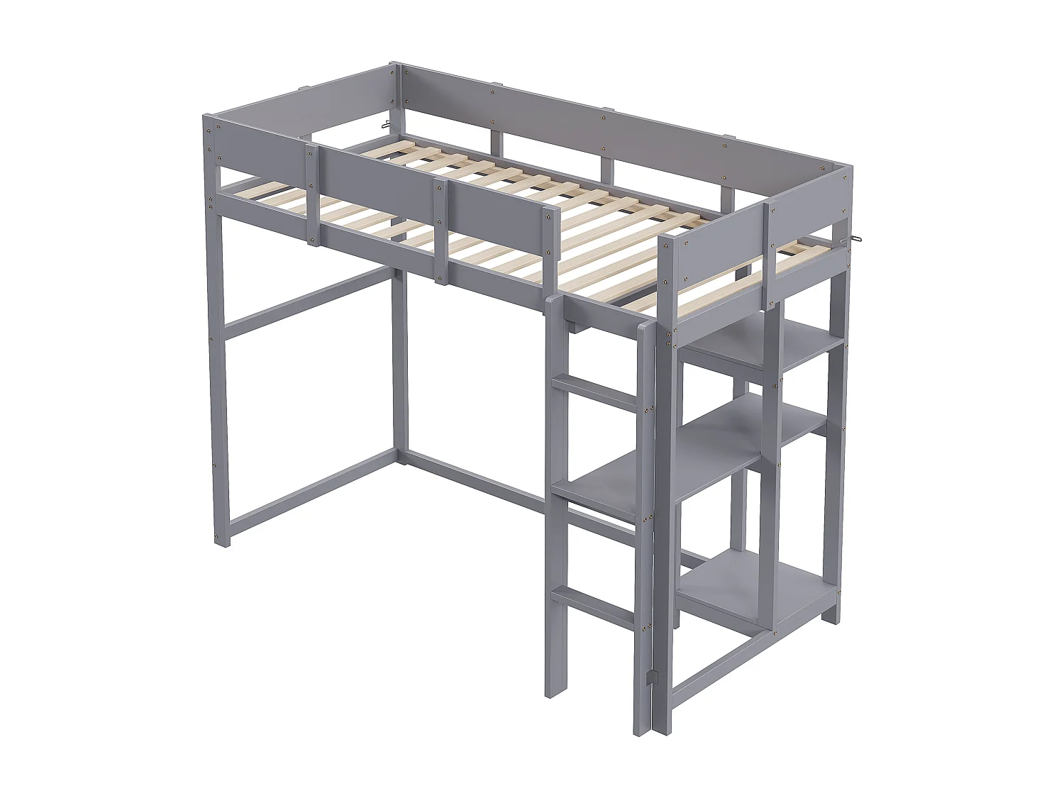 Hochbett für Kinder – 90 x 200 cm – mit Ablagefach – Holz + MDF – grau