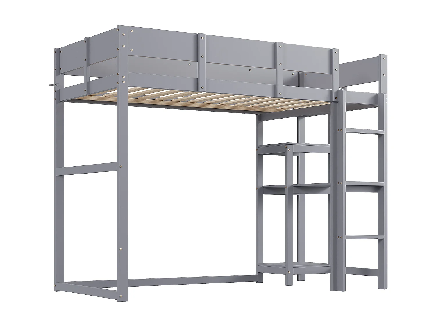 Hochbett für Kinder – 90 x 200 cm – mit Ablagefach – Holz + MDF – grau