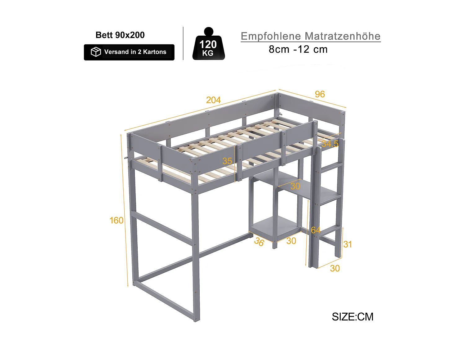 Hochbett für Kinder – 90 x 200 cm – mit Ablagefach – Holz + MDF – grau