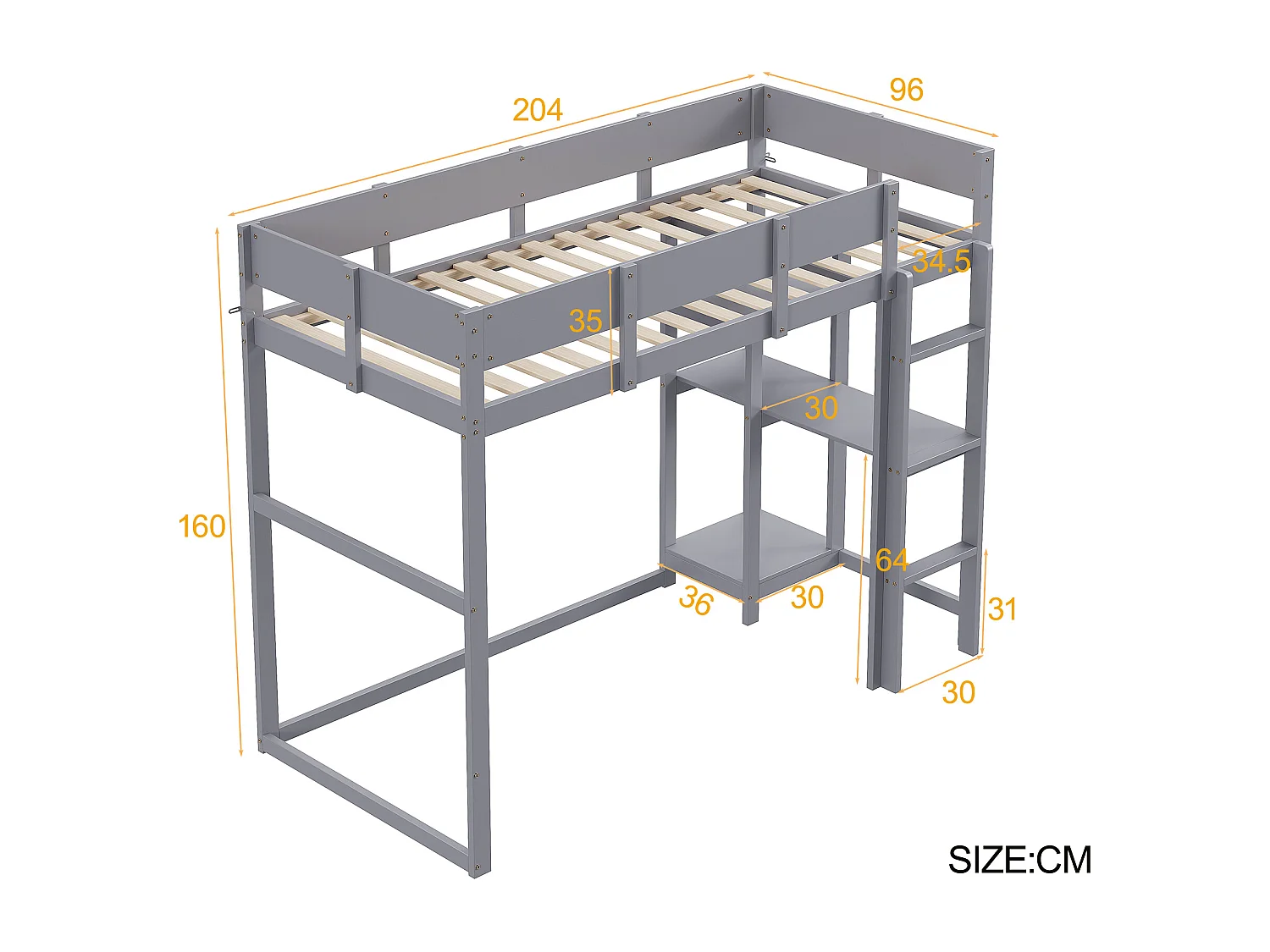 Hochbett für Kinder – 90 x 200 cm – mit Ablagefach – Holz + MDF – grau