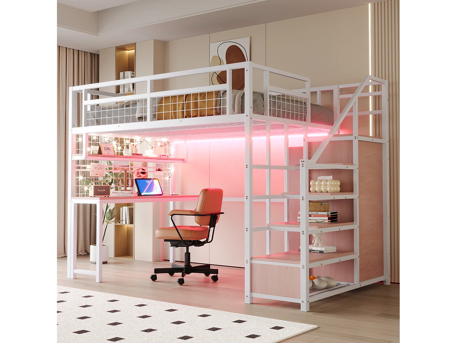 Lit mezzanine en métal pour enfant - 140 x 200 cm - avec échelle de rangement + penderie + étagère + table + Leds - blanc