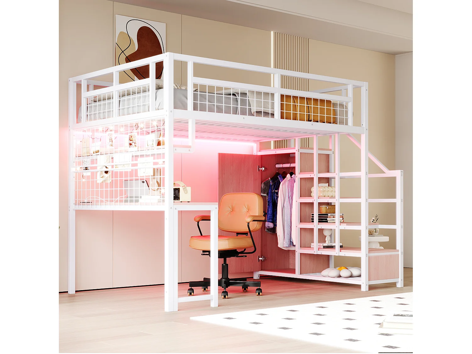 Lit mezzanine en métal pour enfant - 140 x 200 cm - avec échelle de rangement + penderie + étagère + table + Leds - blanc