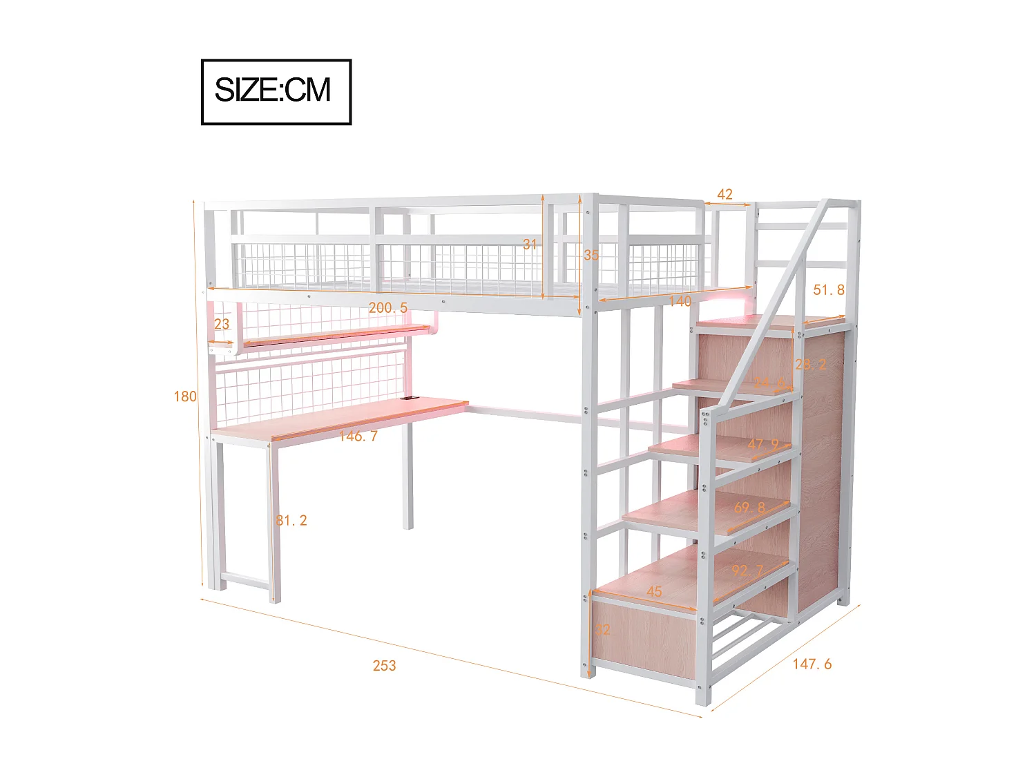 Lit mezzanine en métal pour enfant - 140 x 200 cm - avec échelle de rangement + penderie + étagère + table + Leds - blanc