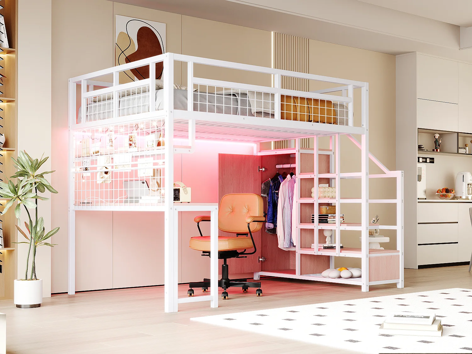 Lit mezzanine en métal pour enfant - 140 x 200 cm - avec échelle de rangement + penderie + étagère + table + Leds - blanc