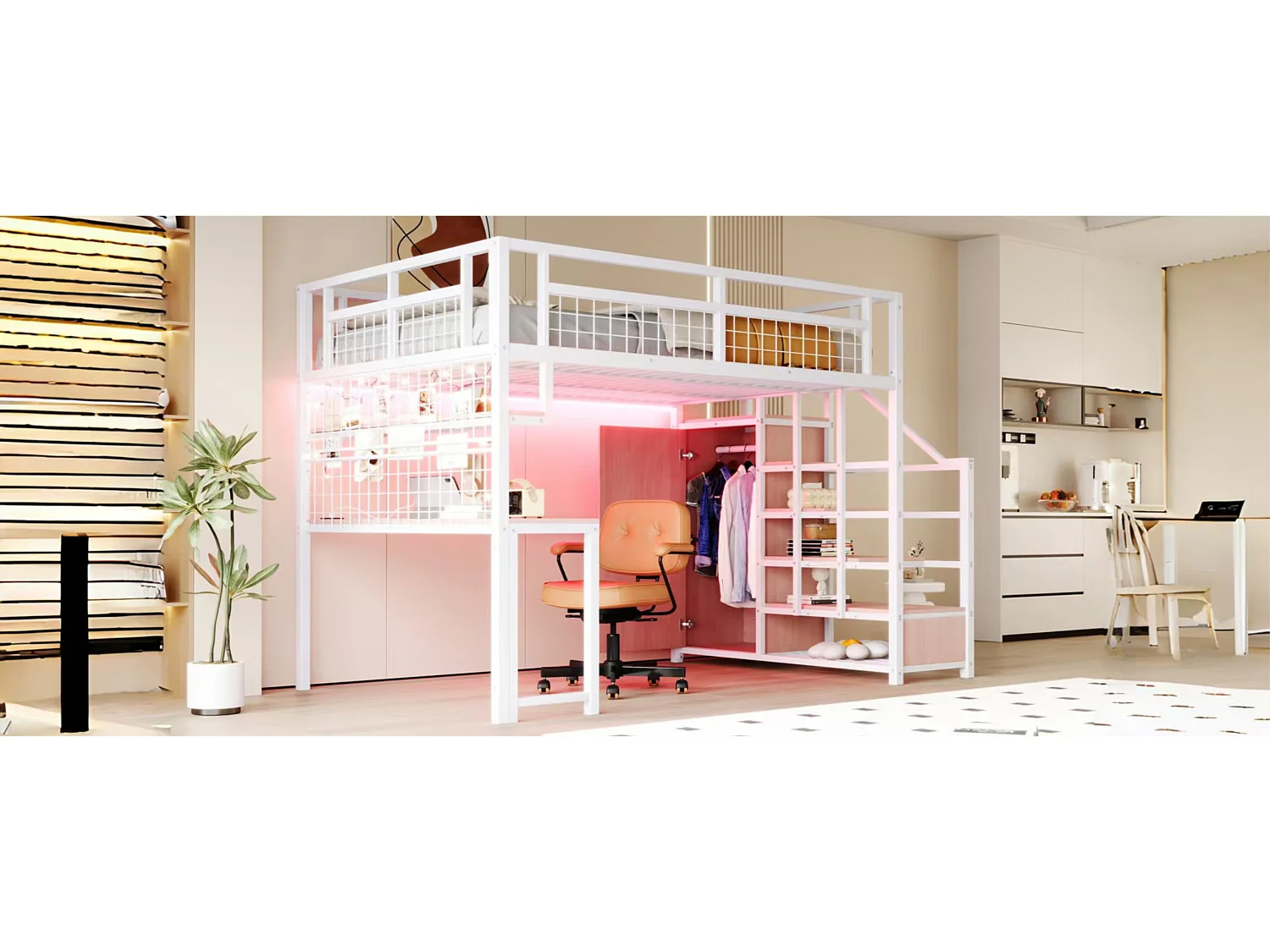 Lit mezzanine en métal pour enfant - 140 x 200 cm - avec échelle de rangement + penderie + étagère + table + Leds - blanc