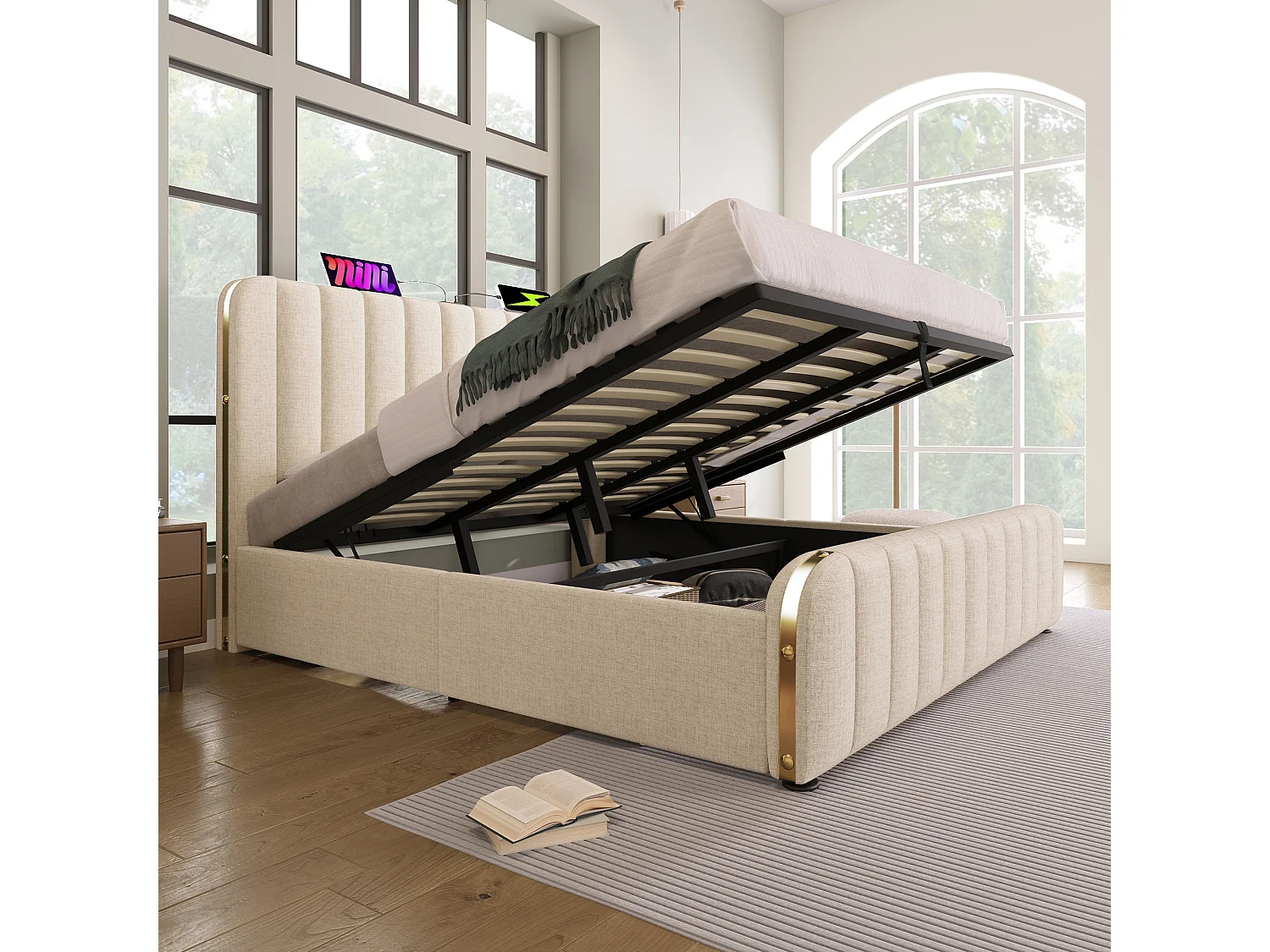 Lit coffre double capitonné - 180 x 200 cm - avec tête de lit + USB + rangement hydraulique - lin - beige