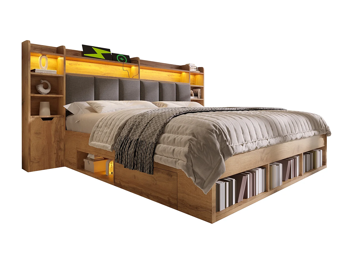 Lit coffre double finition chêne - 180 x 200 cm - avec tête de lit + Leds + tables de chevet + tiroirs - bois - naturel