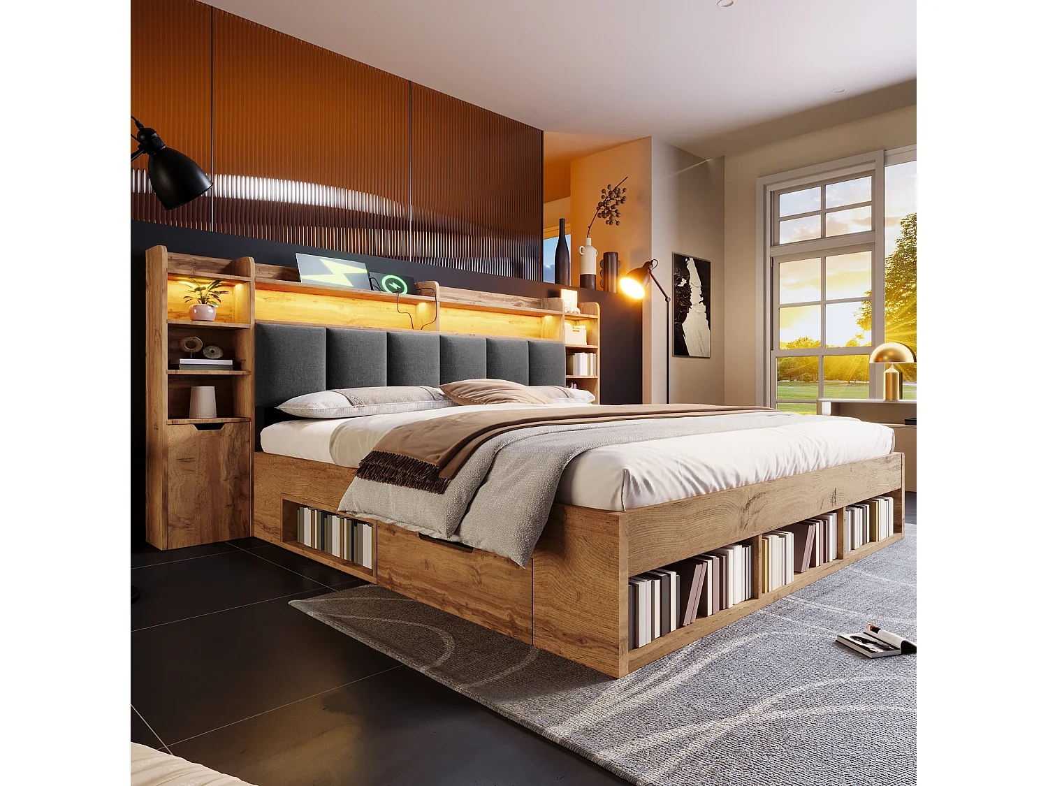 Lit coffre double finition chêne - 180 x 200 cm - avec tête de lit + Leds + tables de chevet + tiroirs - bois - naturel