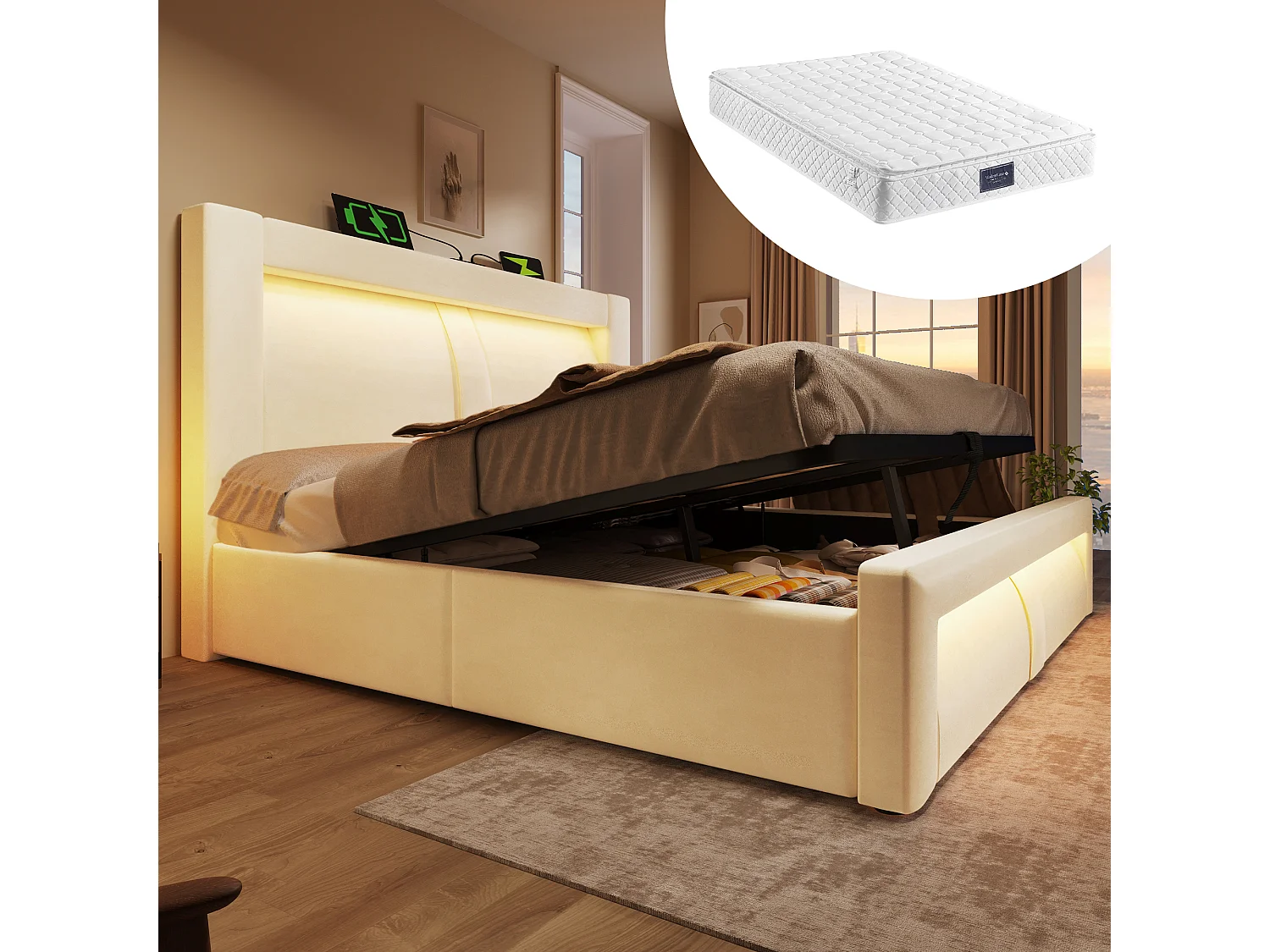 Doppelbett mit Stauraum - 140 x 200 cm - mit hydraulischem Stauraum + LEDs + USB und Typ-C + Kopfteil - Samt - beige (mit Matratze)