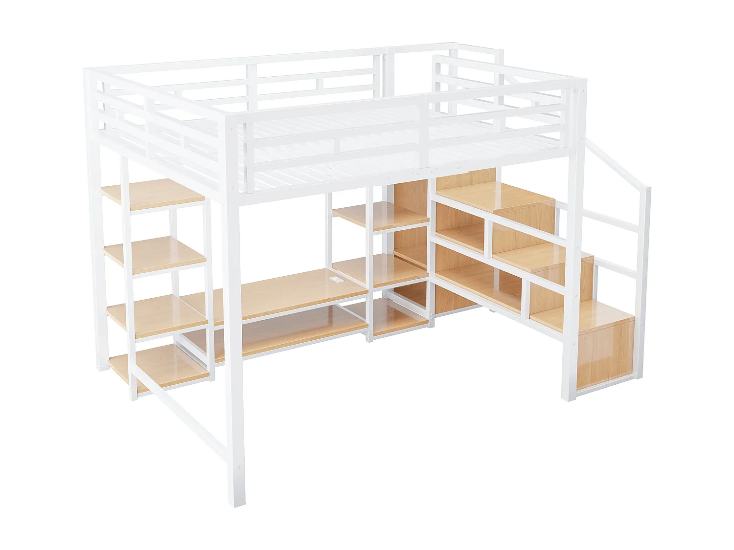 Lit mezzanine enfant - 140 x 200 cm - avec meuble TV + prise + échelle de sécurité + étagère de rangement - métal - blanc