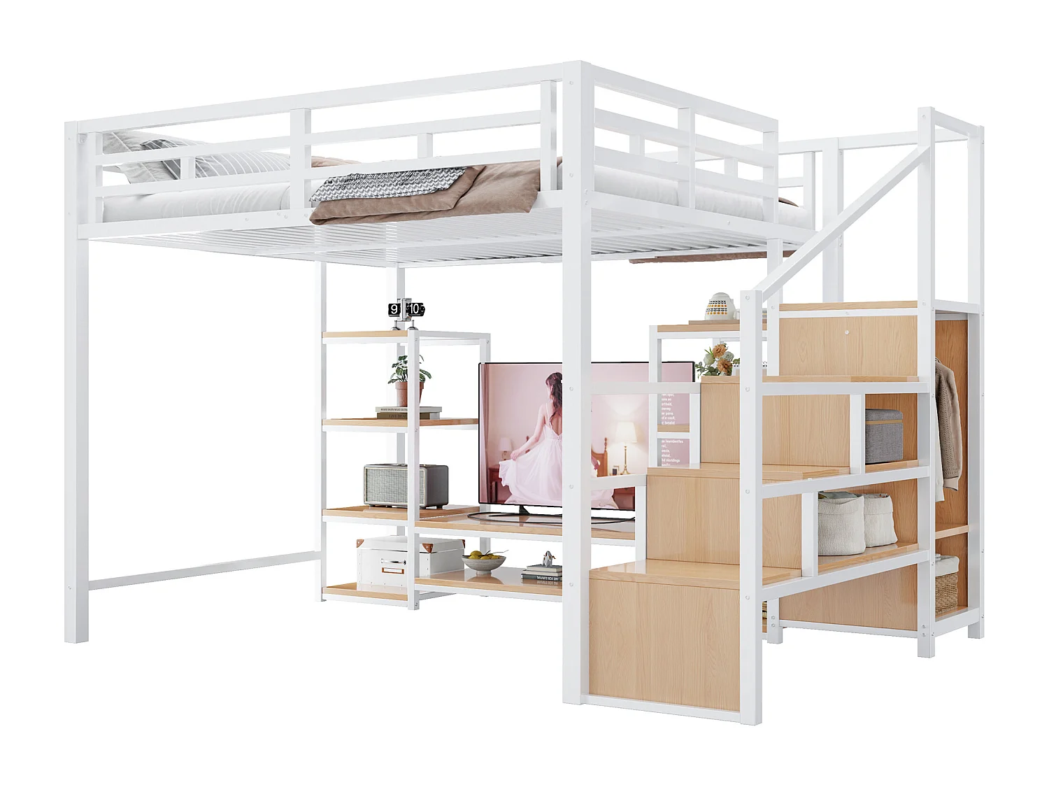 Lit mezzanine enfant - 140 x 200 cm - avec meuble TV + prise + échelle de sécurité + étagère de rangement - métal - blanc