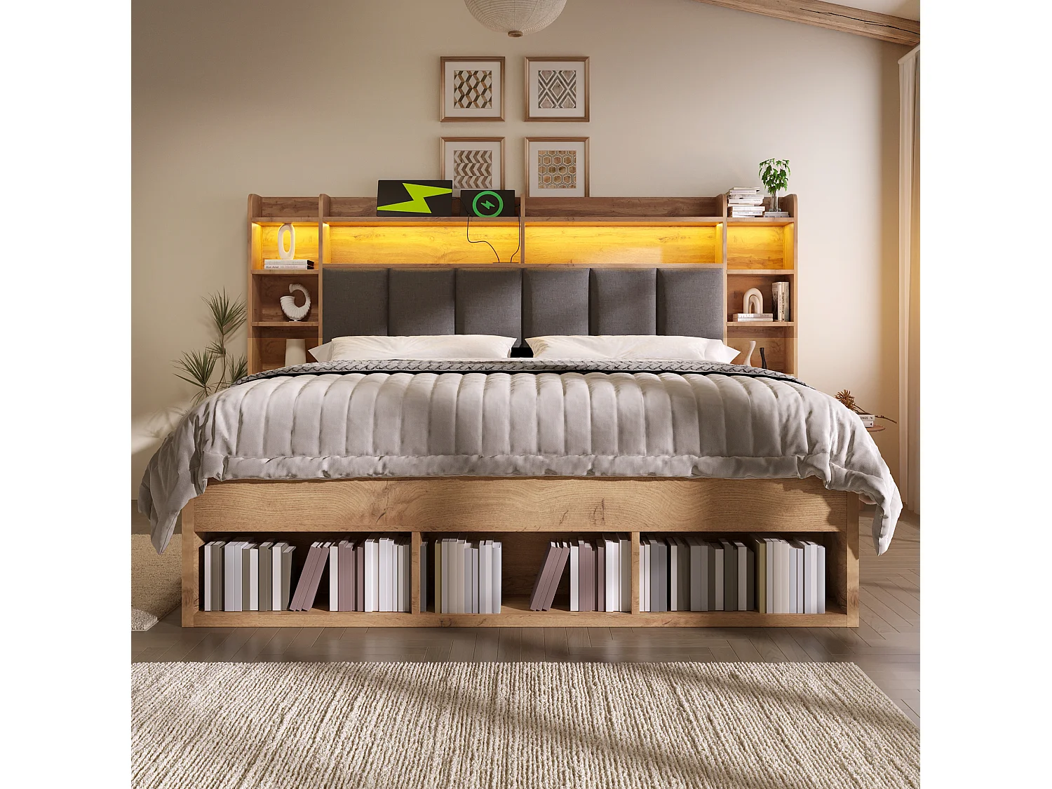 Lit coffre double finition chêne - 160 x 200 cm - avec tête de lit + Leds + tables de chevet + tiroirs - bois - naturel