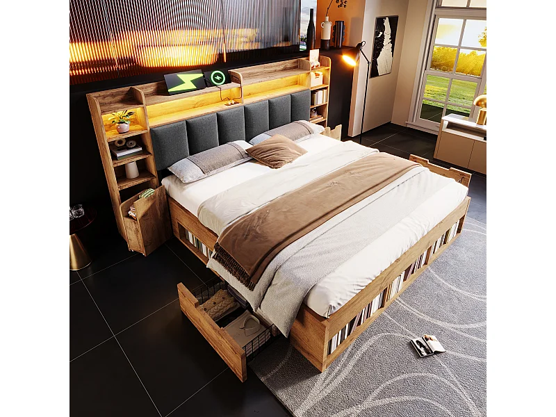 Tweepersoonsbed met opbergruimte en eikenhouten afwerking - 160 x 200 cm - met hoofdbord + ledverlichting + nachtkastjes + lades - hout - naturel