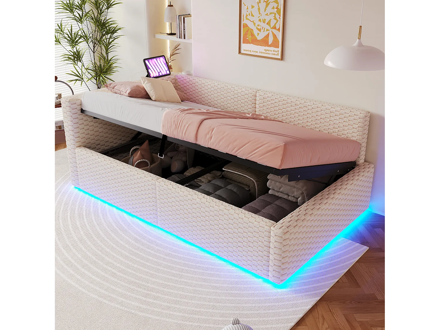 Gepolstertes Kinderbett mit hydraulischem Stauraum – 90 x 200 cm – mit LED-Beleuchtung und 2 USB-Anschlüssen – L-förmiges Kopfteil – Samt – beige