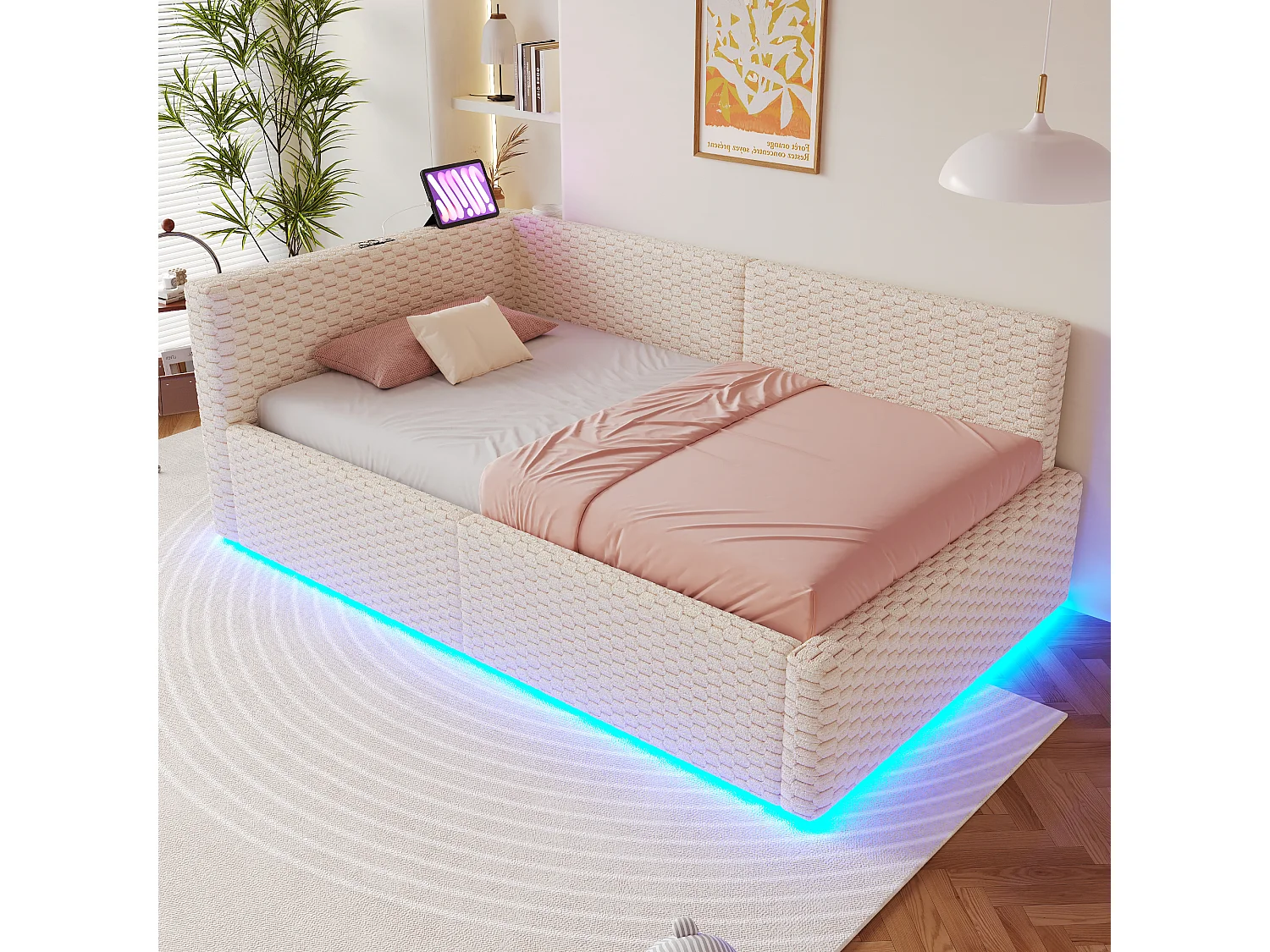 Gepolstertes Kinderbett mit hydraulischem Stauraum – 90 x 200 cm – mit LED-Beleuchtung und 2 USB-Anschlüssen – L-förmiges Kopfteil – Samt – beige