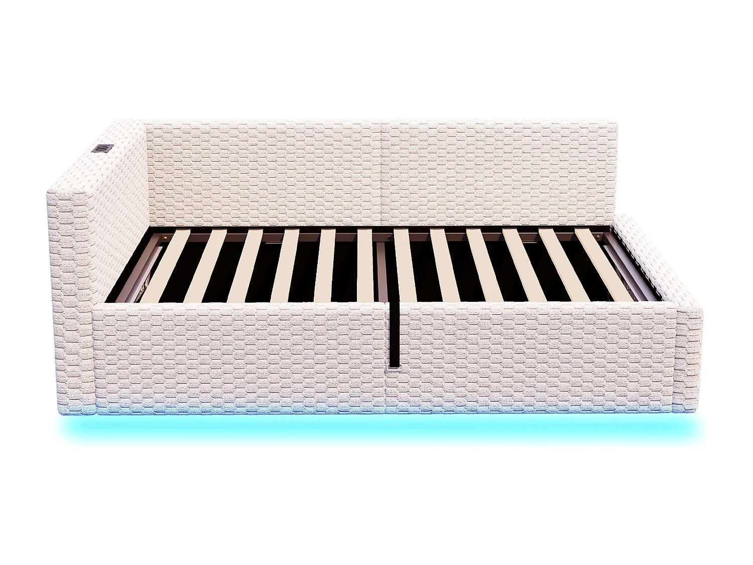 Gepolstertes Kinderbett mit hydraulischem Stauraum – 90 x 200 cm – mit LED-Beleuchtung und 2 USB-Anschlüssen – L-förmiges Kopfteil – Samt – beige