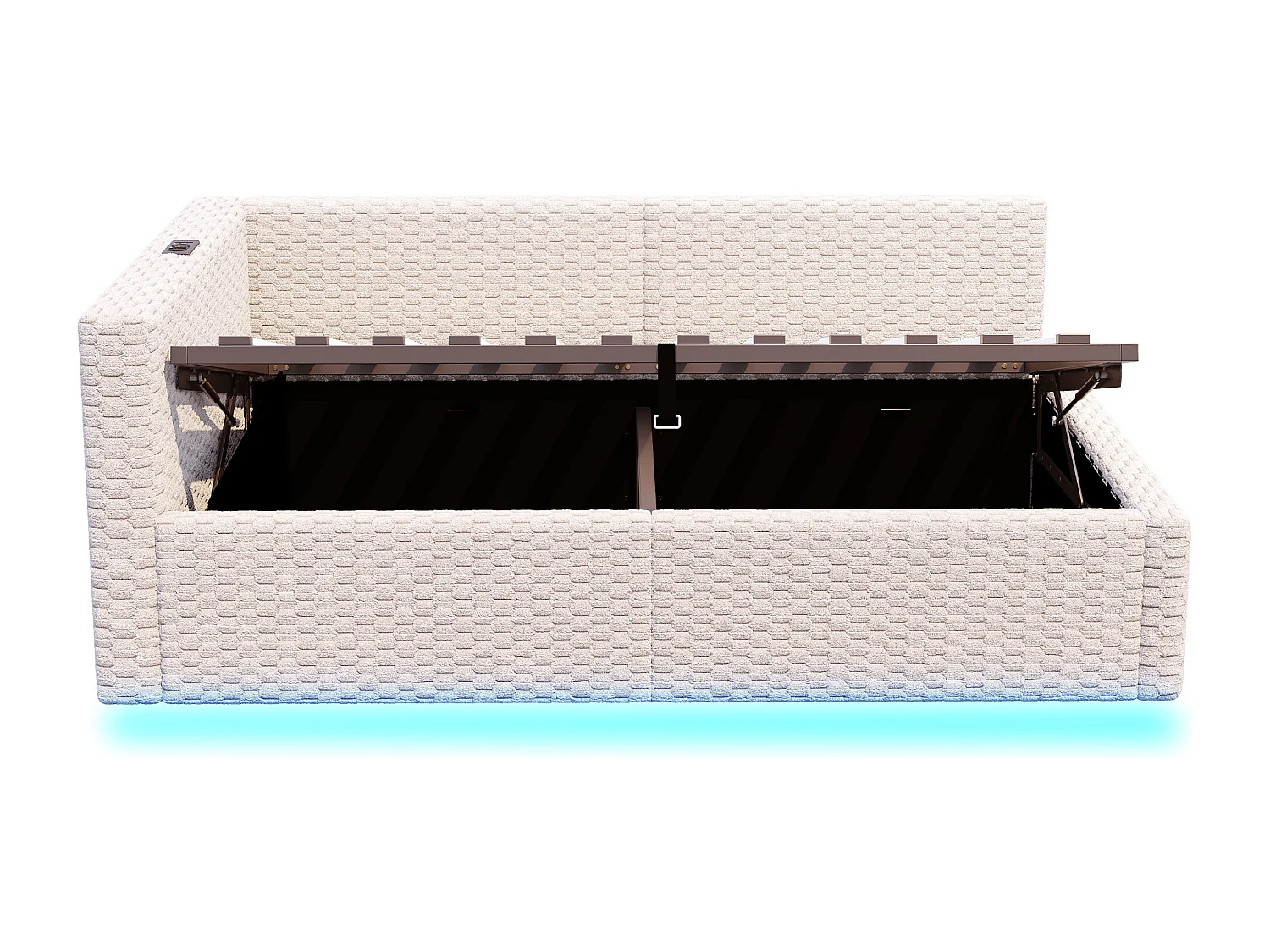 Gepolstertes Kinderbett mit hydraulischem Stauraum – 90 x 200 cm – mit LED-Beleuchtung und 2 USB-Anschlüssen – L-förmiges Kopfteil – Samt – beige