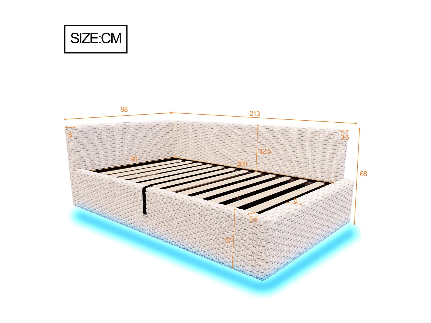 Gepolstertes Kinderbett mit hydraulischem Stauraum – 90 x 200 cm – mit LED-Beleuchtung und 2 USB-Anschlüssen – L-förmiges Kopfteil – Samt – beige