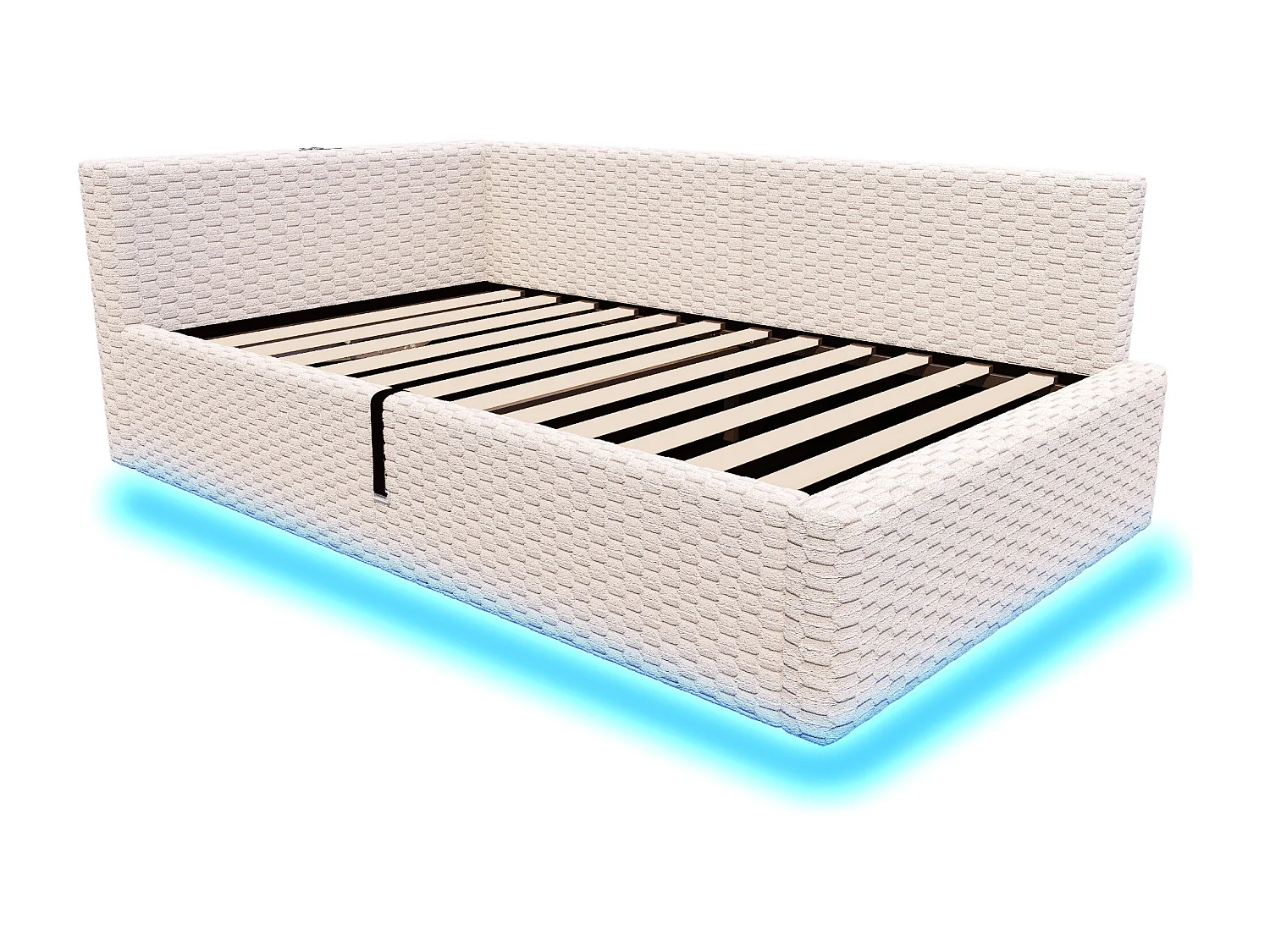 Gepolstertes Kinderbett mit hydraulischem Stauraum – 90 x 200 cm – mit LED-Beleuchtung und 2 USB-Anschlüssen – L-förmiges Kopfteil – Samt – beige