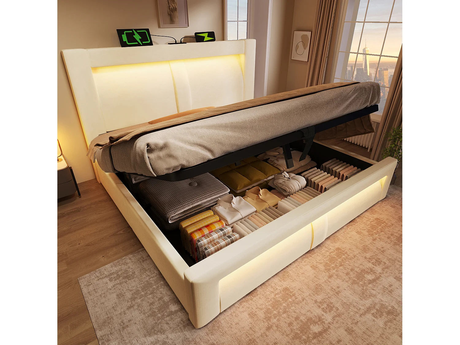 Lit coffre double - 140 x 200 cm - avec rangement hydraulique + Leds + USB et Type-C + tête de lit - velours - beige