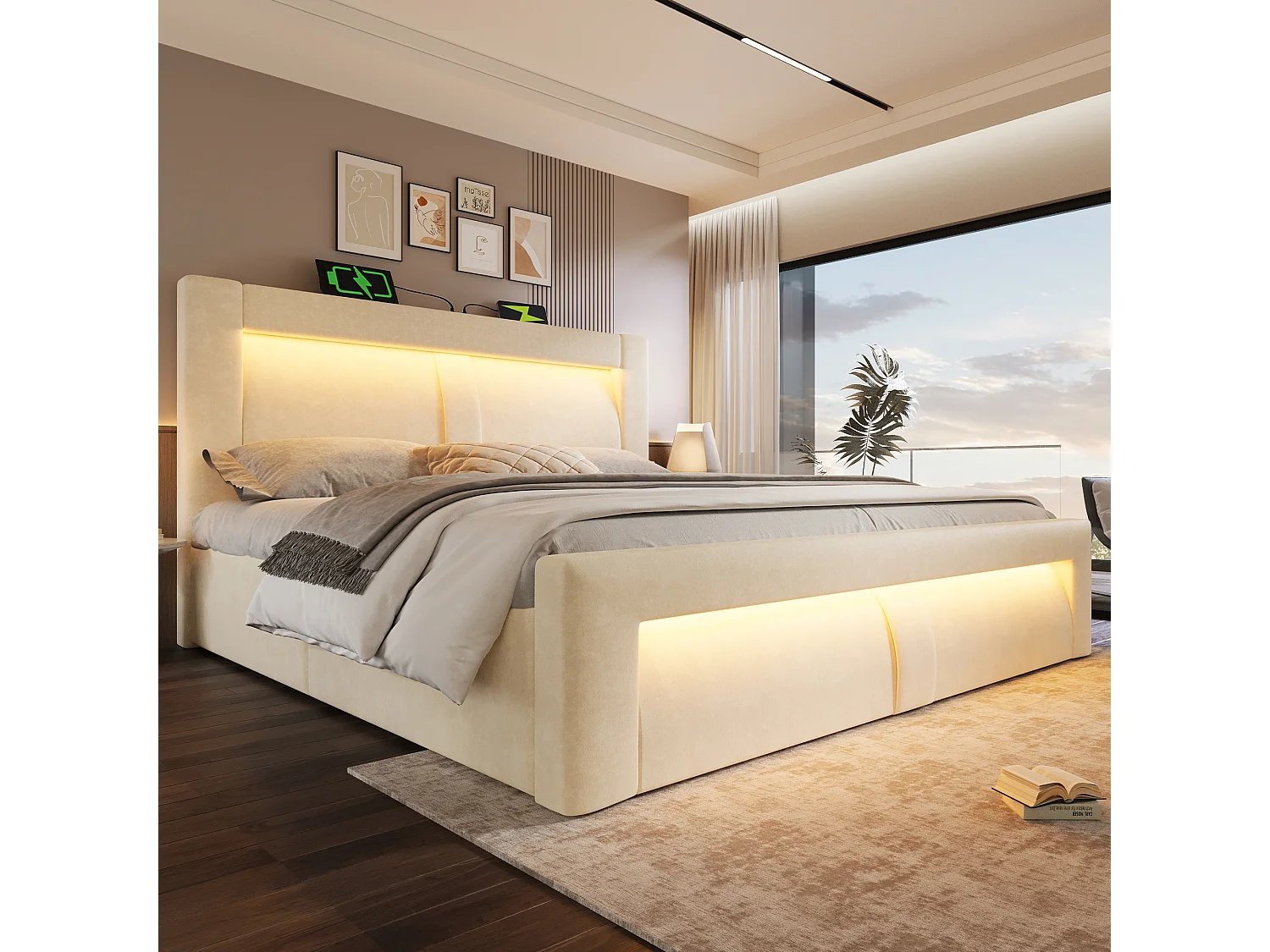 Lit coffre double - 140 x 200 cm - avec rangement hydraulique + Leds + USB et Type-C + tête de lit - velours - beige