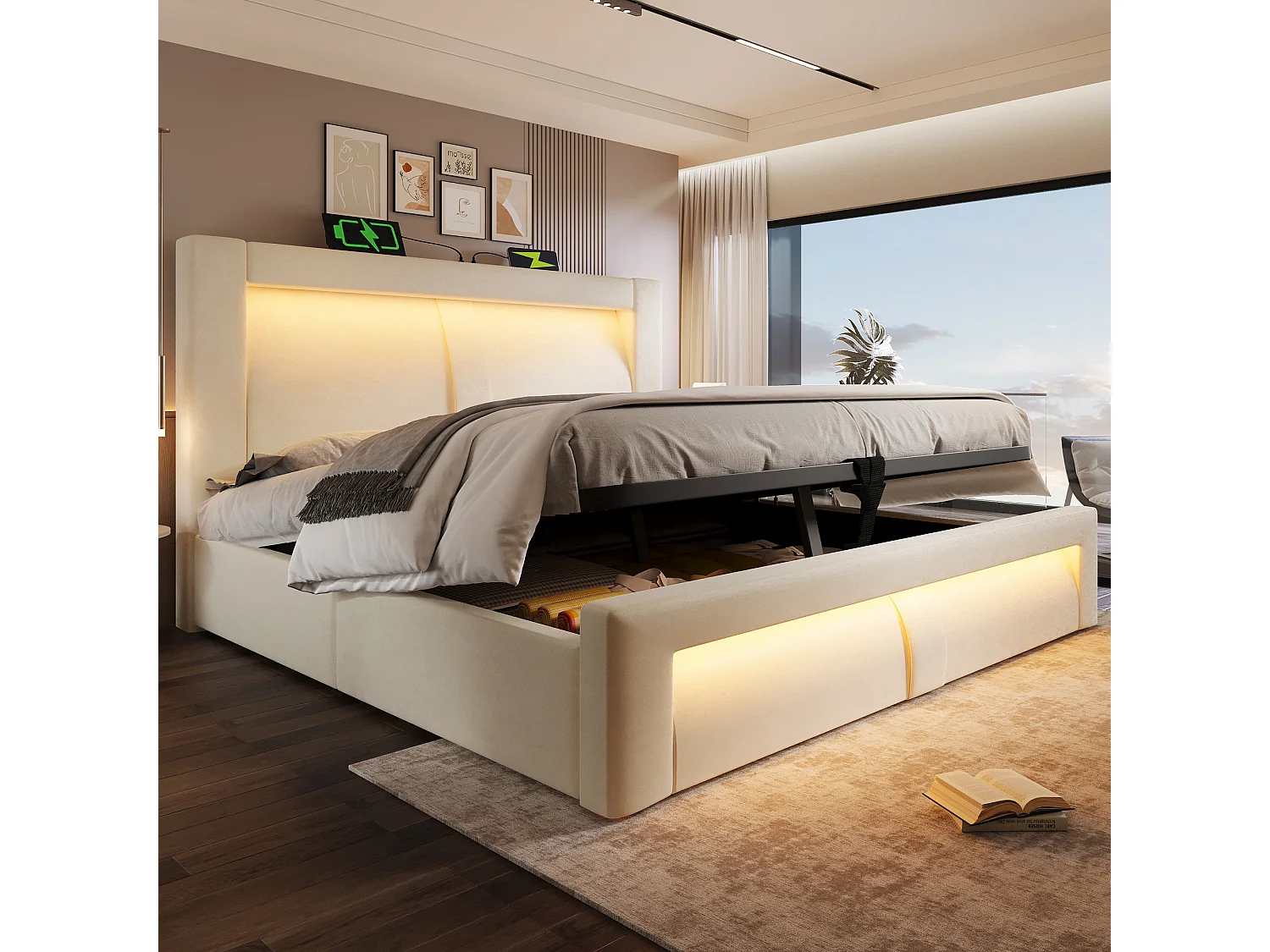Lit coffre double - 140 x 200 cm - avec rangement hydraulique + Leds + USB et Type-C + tête de lit - velours - beige