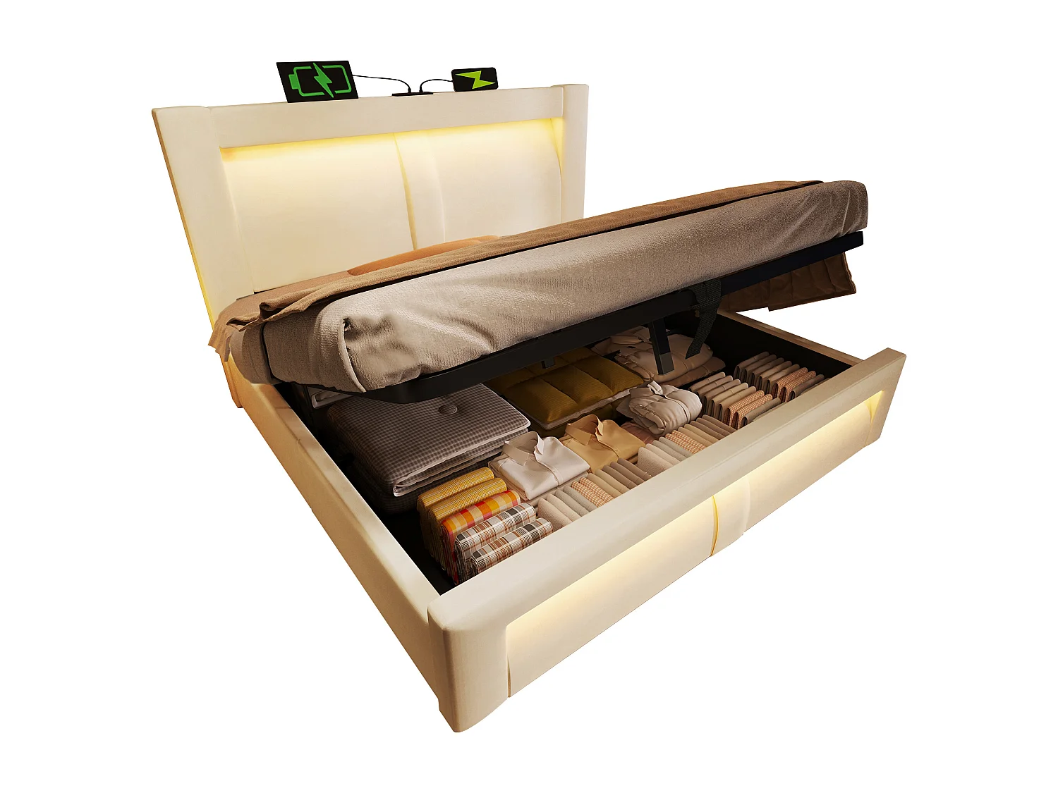 Lit coffre double - 140 x 200 cm - avec rangement hydraulique + Leds + USB et Type-C + tête de lit - velours - beige
