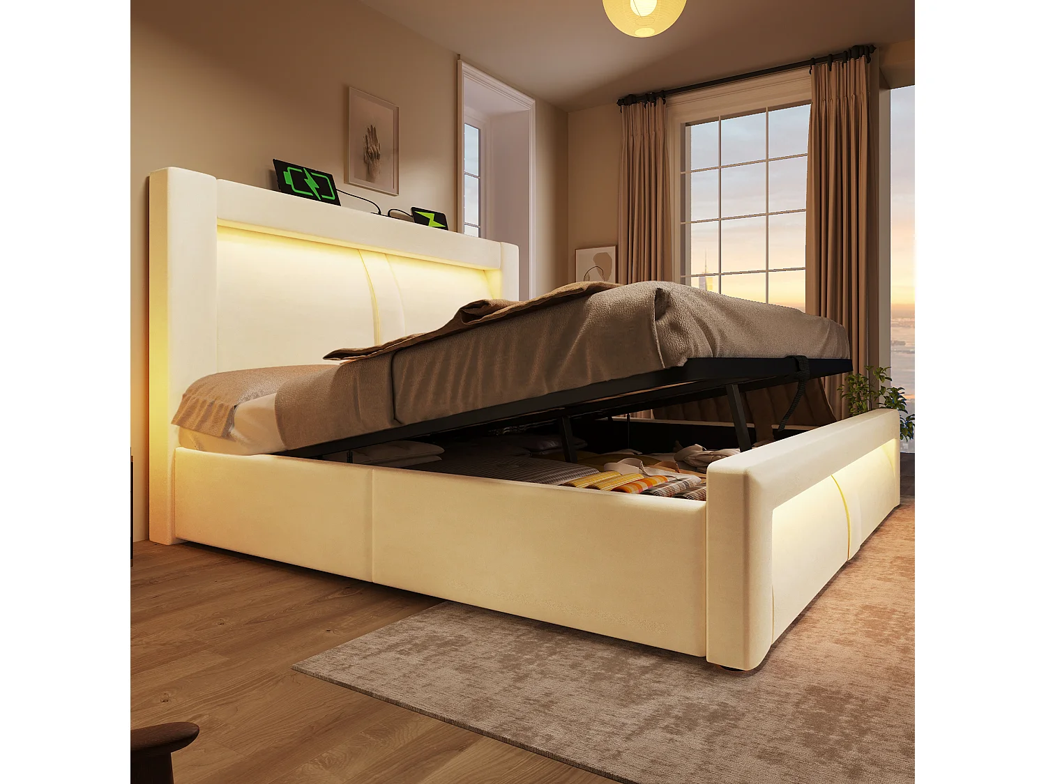 Lit coffre double - 140 x 200 cm - avec rangement hydraulique + Leds + USB et Type-C + tête de lit - velours - beige