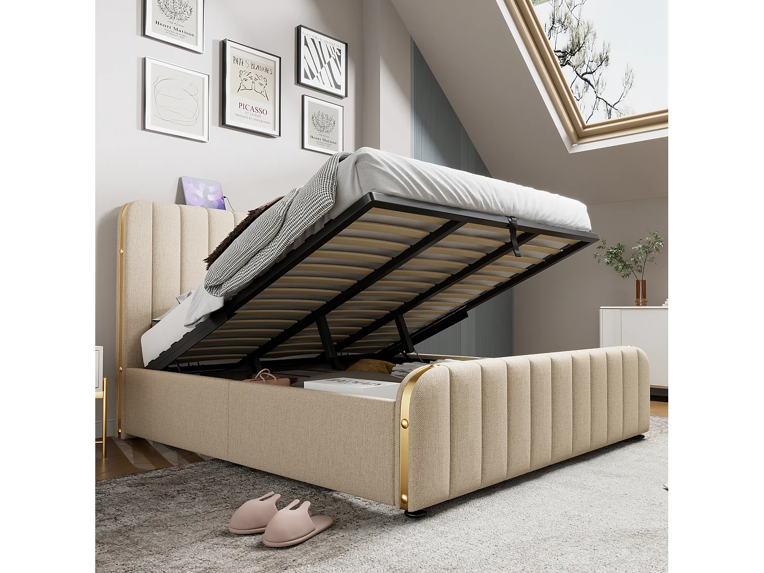Lit coffre double capitonné - 180 x 200 cm - avec tête de lit + USB + rangement hydraulique - lin - beige(avec matelas)