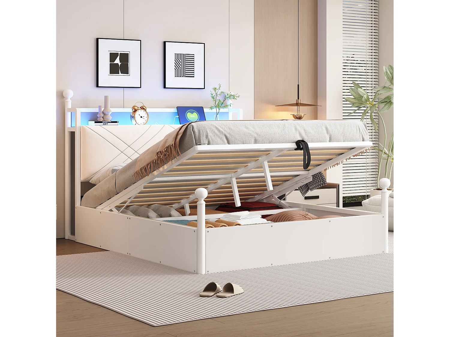 Lit coffre en métal pour enfant - 140 x 190 cm - avec rangement hydrauliquement + Leds + USB/Type-C - blanc