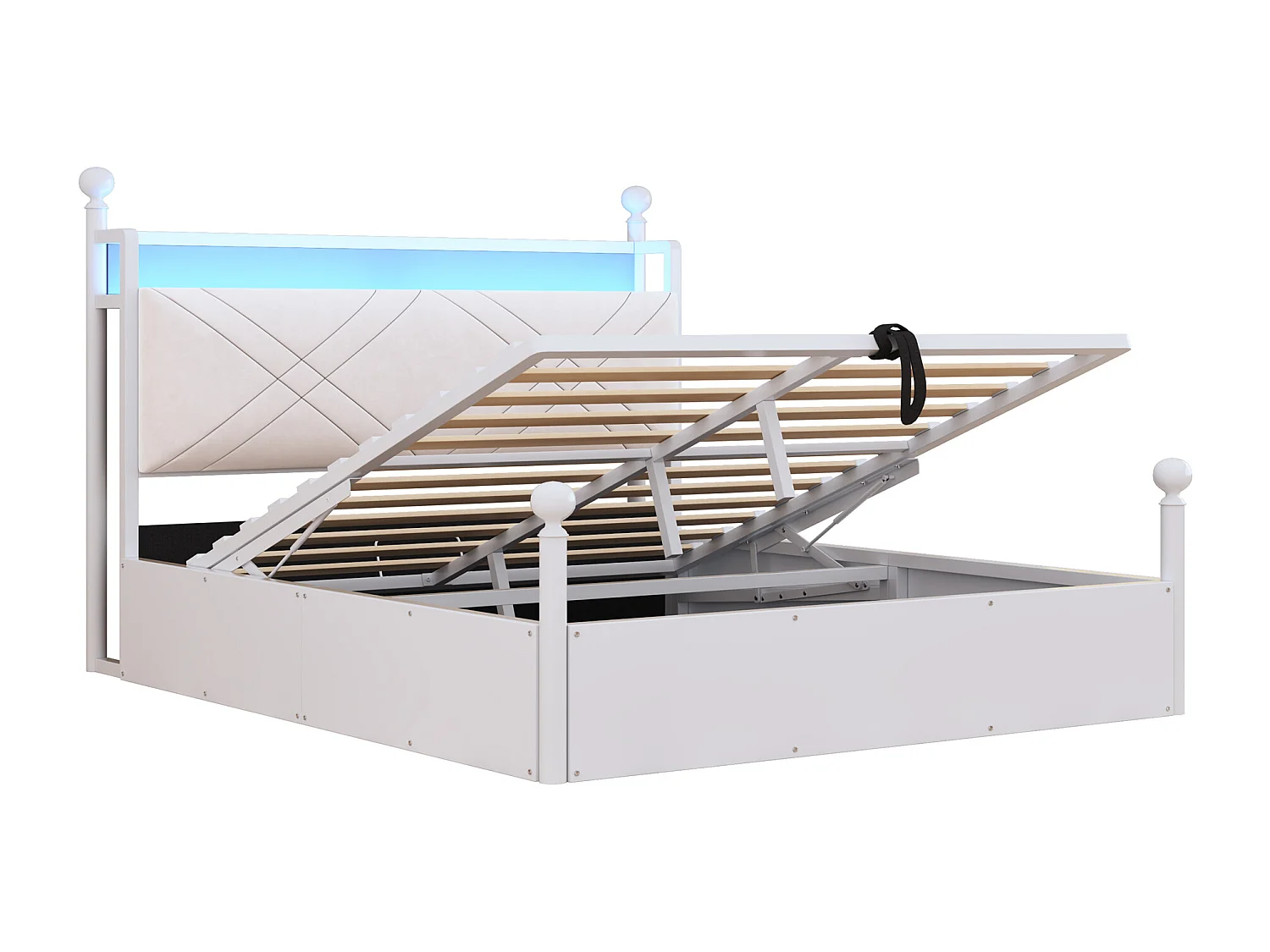 Lit coffre en métal pour enfant - 140 x 190 cm - avec rangement hydrauliquement + Leds + USB/Type-C - blanc