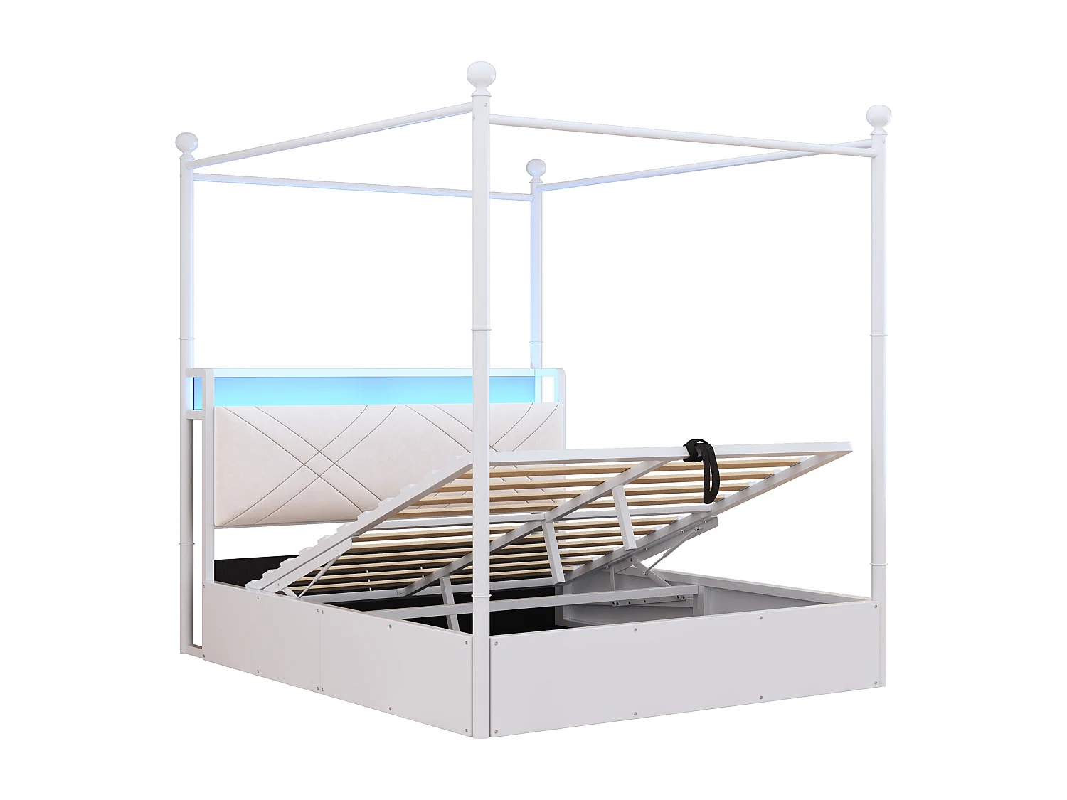 Lit coffre en métal pour enfant - 140 x 190 cm - avec rangement hydrauliquement + Leds + USB/Type-C - blanc