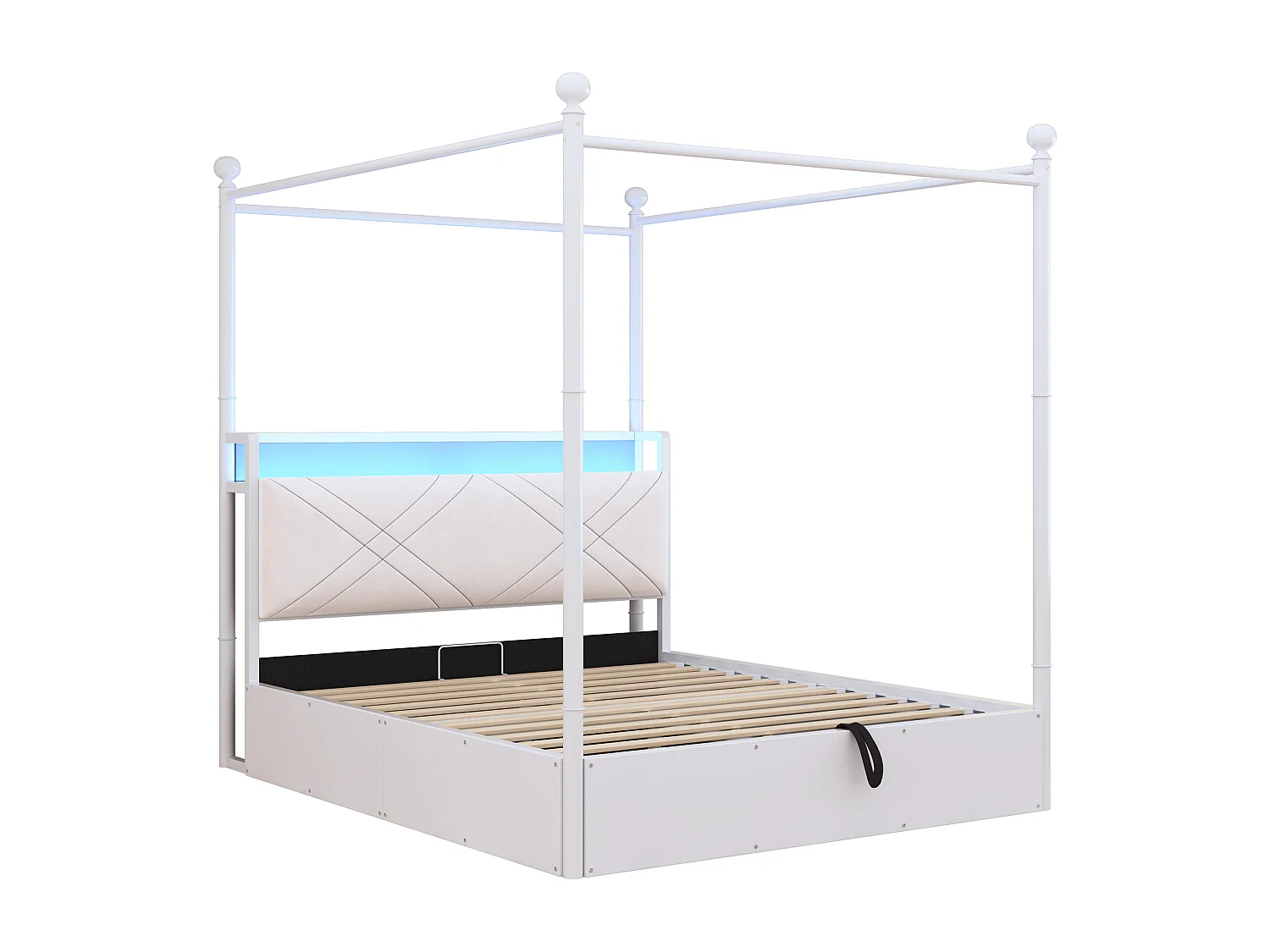 Lit coffre en métal pour enfant - 140 x 190 cm - avec rangement hydrauliquement + Leds + USB/Type-C - blanc