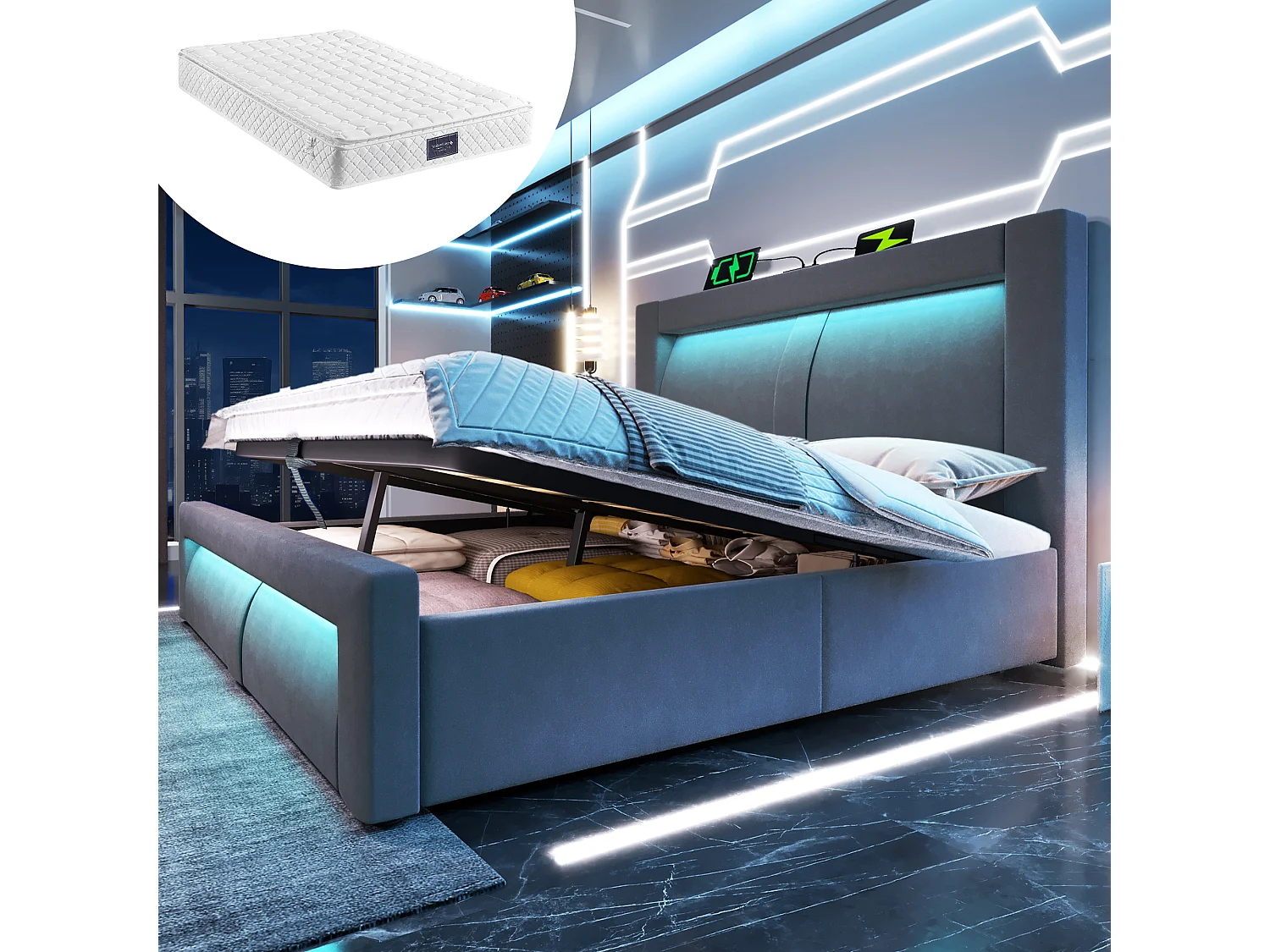 Doppelbett mit Stauraum - 140 x 200 cm - mit hydraulischem Stauraum + LEDs + USB und Typ-C + Kopfteil - Samt - grau (mit Matratze)
