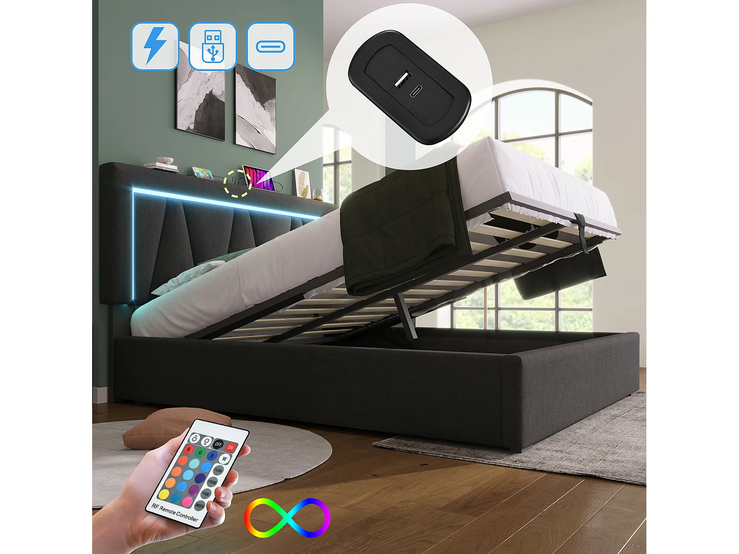 Lit coffre double rembourré - 160 x 200 cm - avec Leds + USB + sommier à lattes - lin - gris(avec matelas)