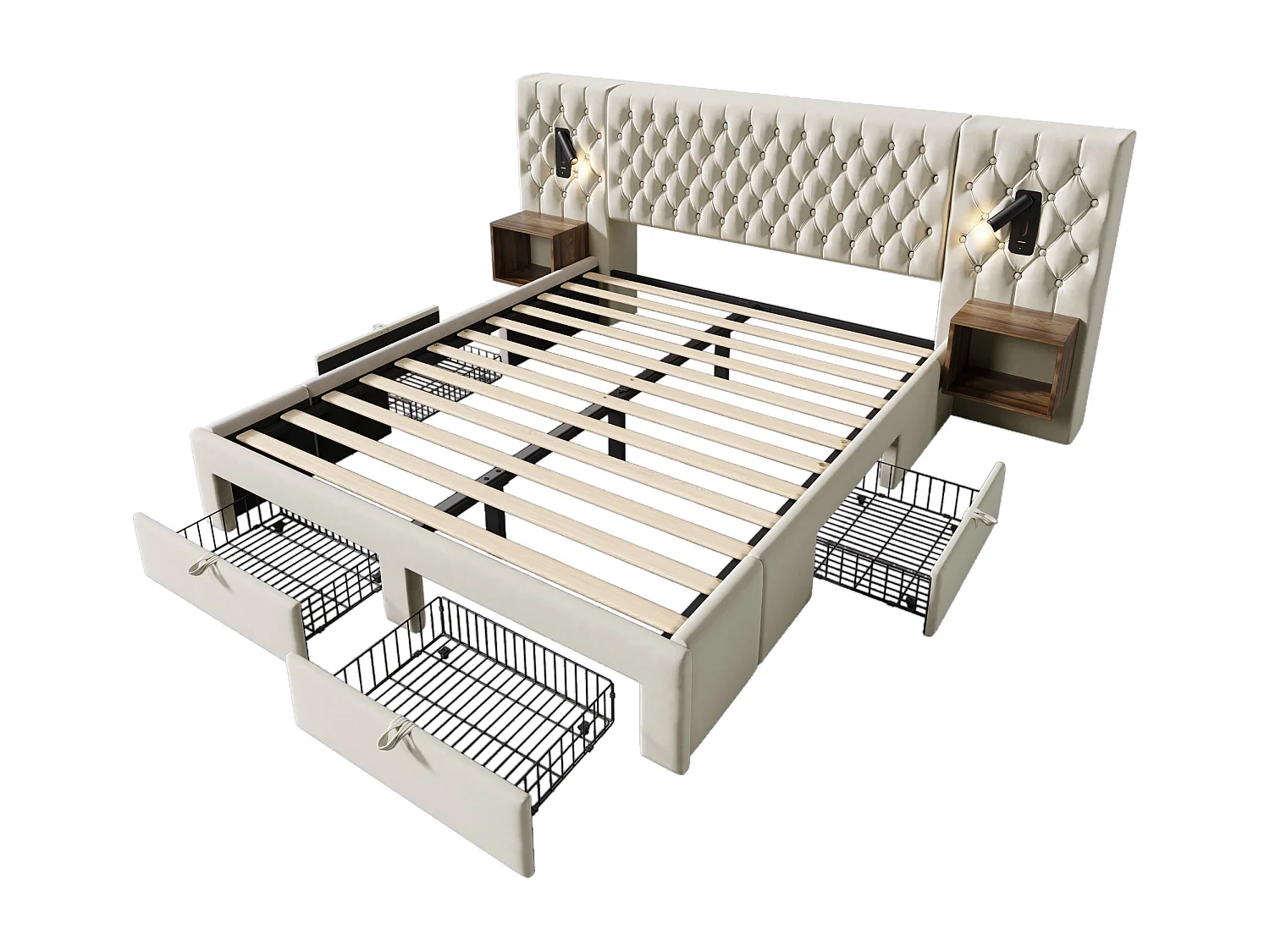 Gestoffeerd tweepersoonsbed met opbergruimte - 180 x 200 cm - met 2 nachtkastjes + 4 lades + leeslamp + USB-poort - fluweel - beige