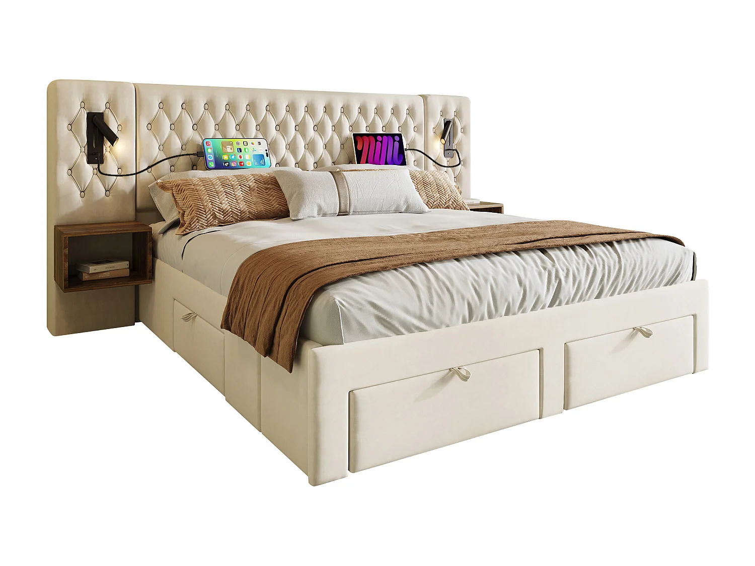 Gestoffeerd tweepersoonsbed met opbergruimte - 180 x 200 cm - met 2 nachtkastjes + 4 lades + leeslamp + USB-poort - fluweel - beige