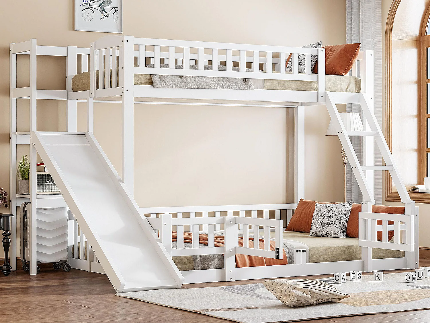 Stapelbed 90x200cm & 140x200cm in hout - met glijbaan + spijlen - Wit