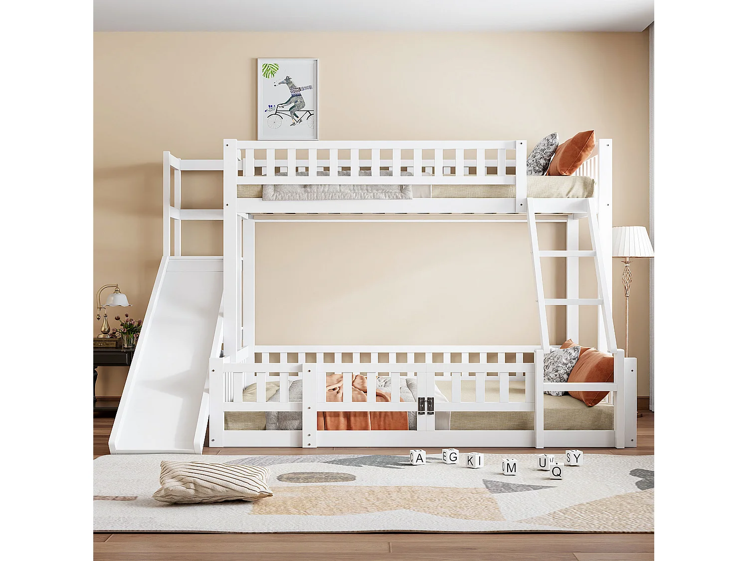 Stapelbed 90x200cm & 140x200cm in hout - met glijbaan + spijlen - Wit