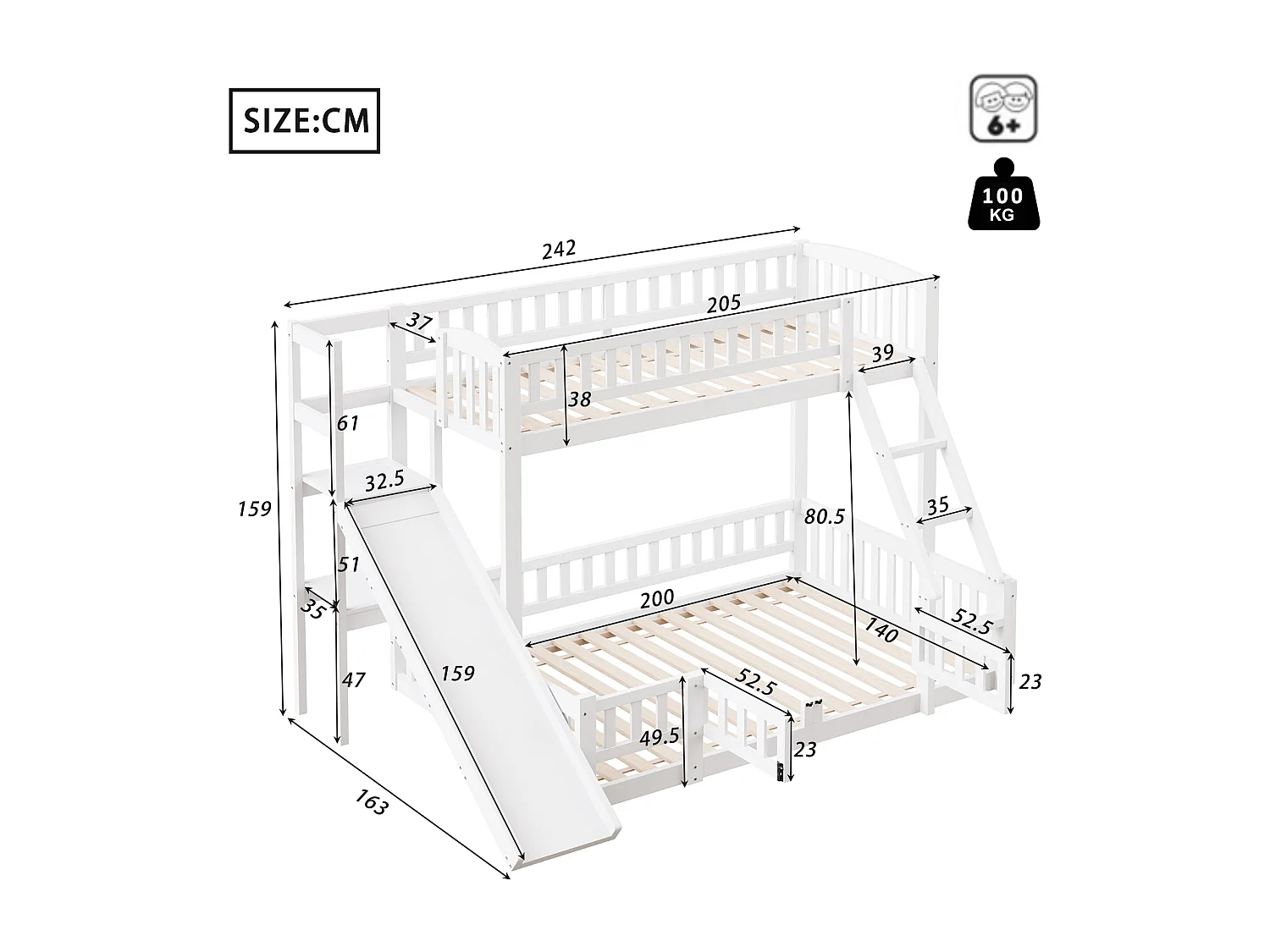 Stapelbed 90x200cm & 140x200cm in hout - met glijbaan + spijlen - Wit