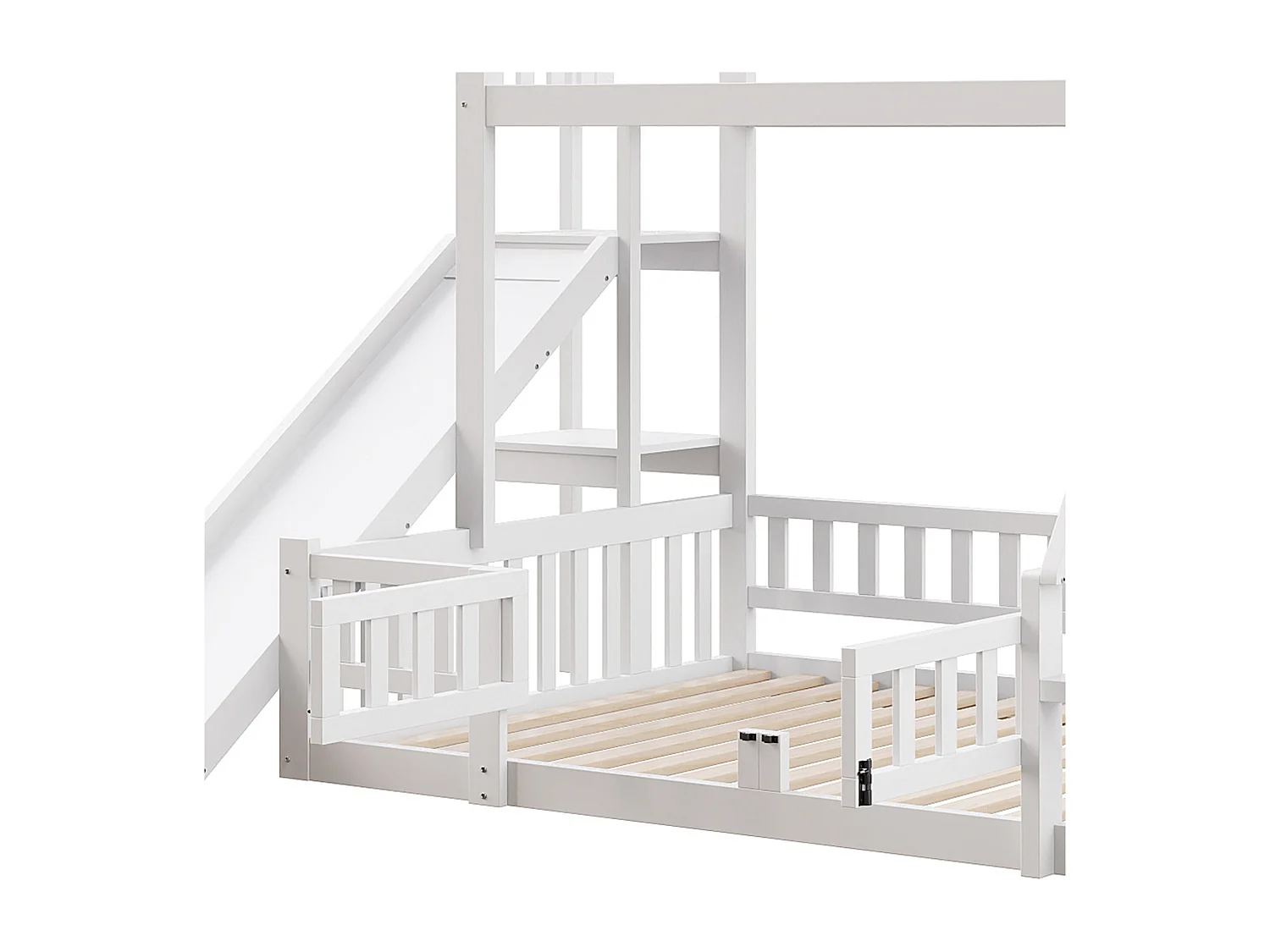 Stapelbed 90x200cm & 140x200cm in hout - met glijbaan + spijlen - Wit