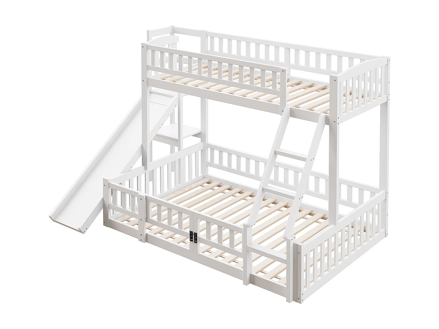 Stapelbed 90x200cm & 140x200cm in hout - met glijbaan + spijlen - Wit